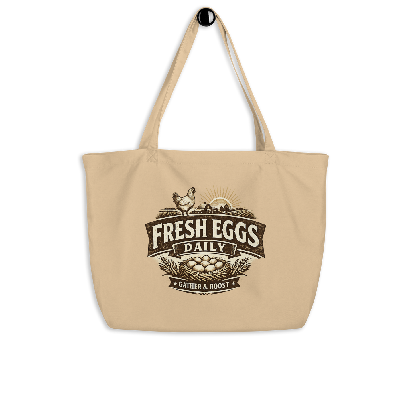 Fresh Eggs Daily farmhouse market tote featuring vintage farm artwork for homesteaders and chicken keepers