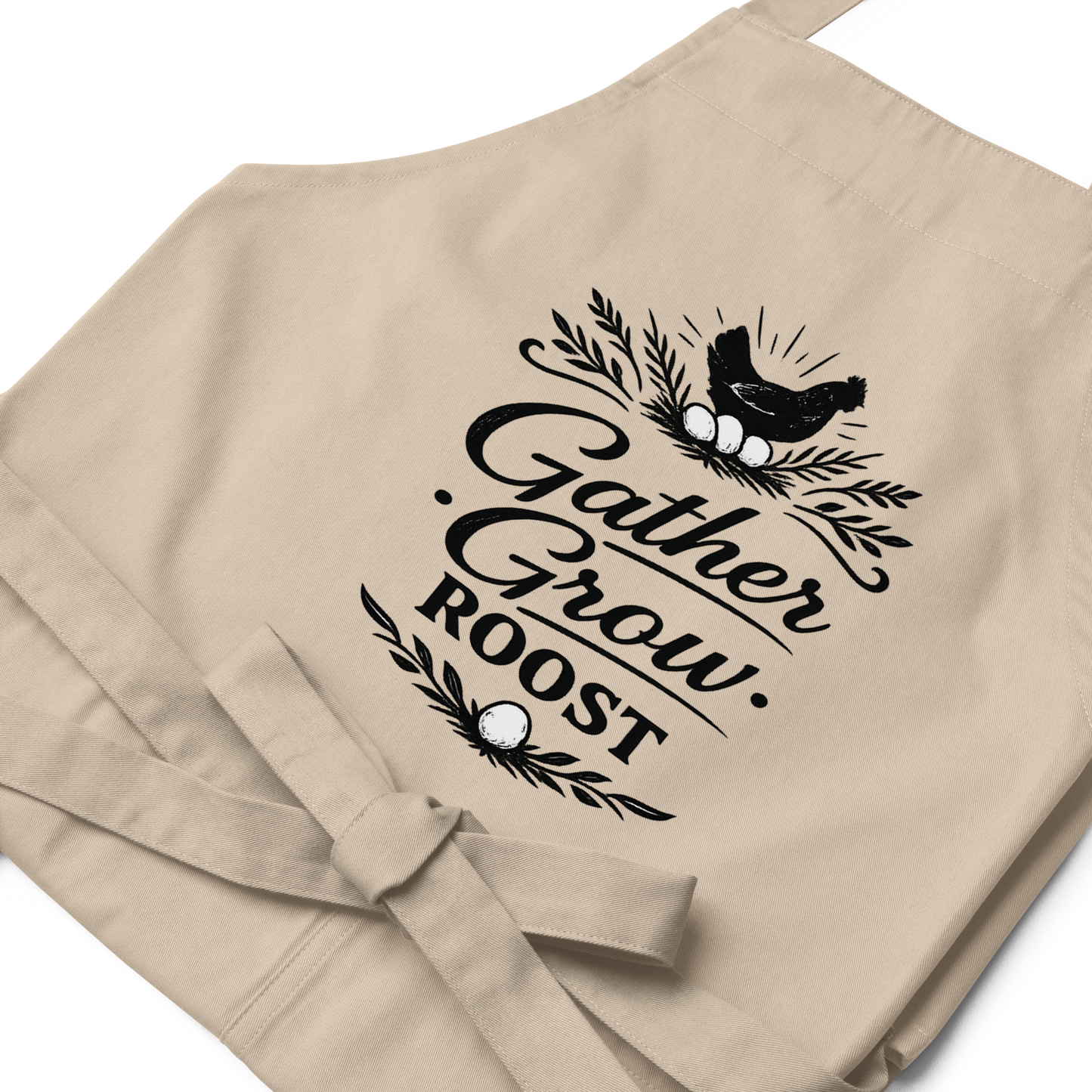 Gather Grow Roost farmhouse apron featuring vintage typography for homesteaders, gardeners, and farmhouse kitchens