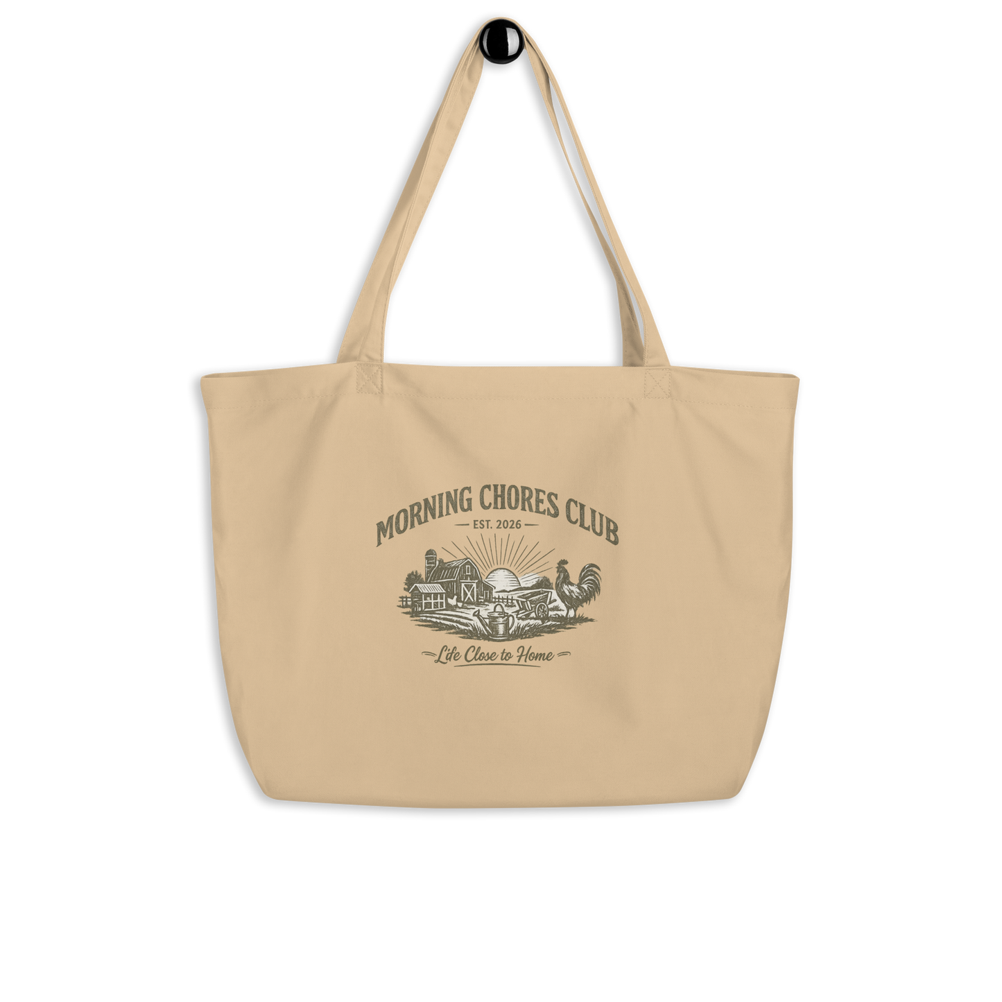 Shop the Morning Chores Club™ Large Market Tote, a farmhouse-inspired tote bag for farmers markets, garden days, egg gathering, homesteaders, and chicken keepers.
