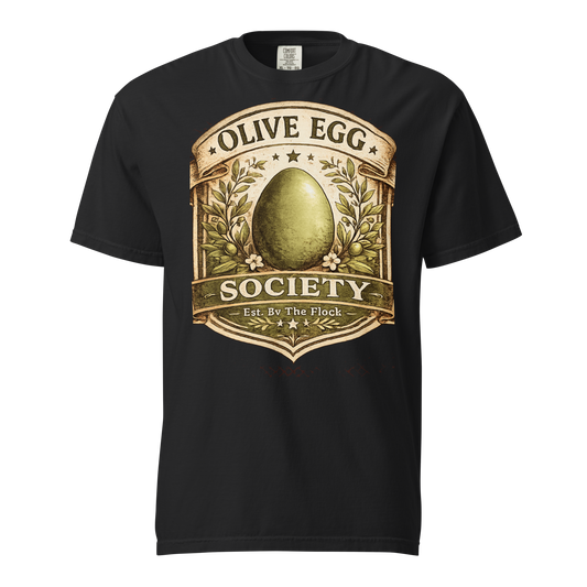 Olive Egger shirt featuring Olive Egg Society vintage artwork with olive green egg and farmhouse heritage design