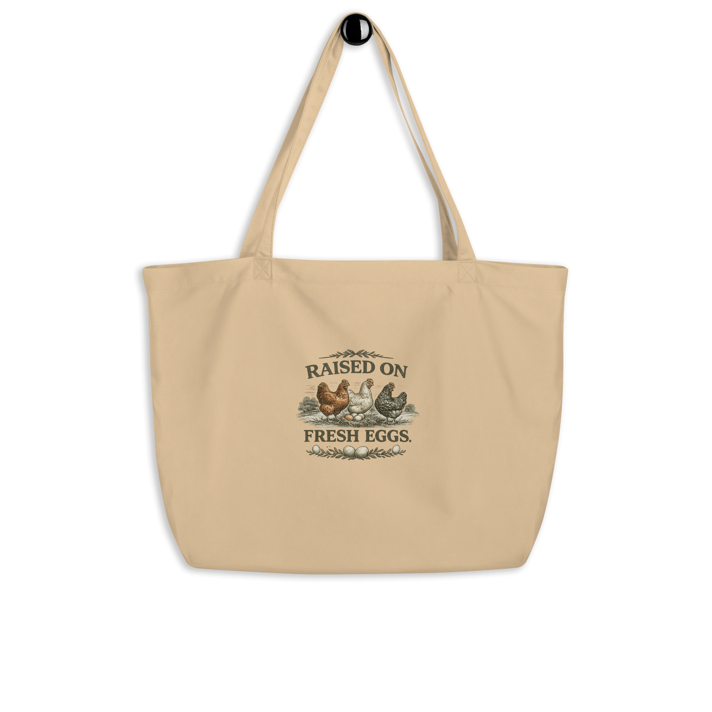 Raised on Fresh Eggs farmhouse market tote for chicken keepers and homesteaders