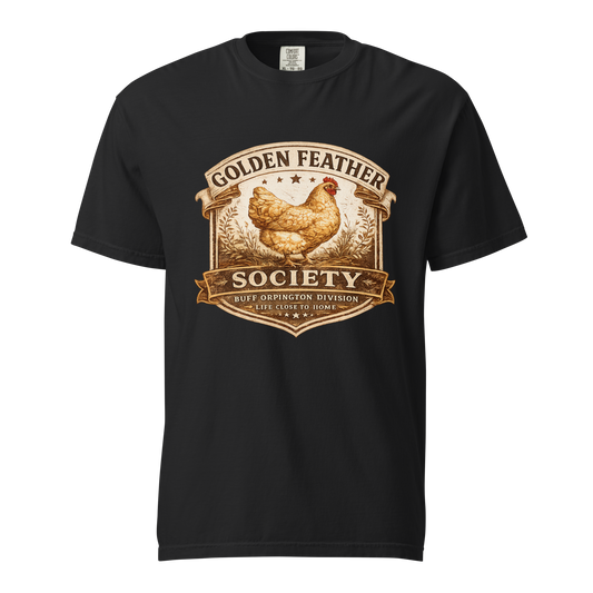 Buff Orpington shirt featuring vintage Golden Feather Society artwork and heritage farm design