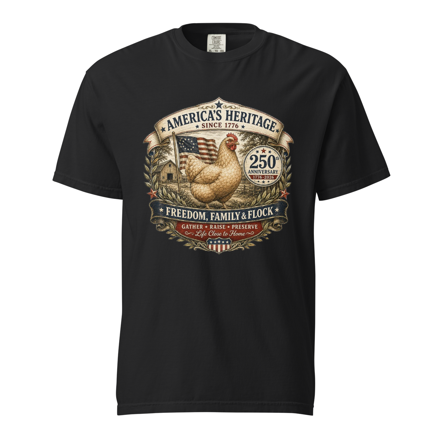 America’s 250th anniversary chicken keeper shirt featuring patriotic farmhouse artwork, heritage hen, American flag, and Freedom Family and Flock design