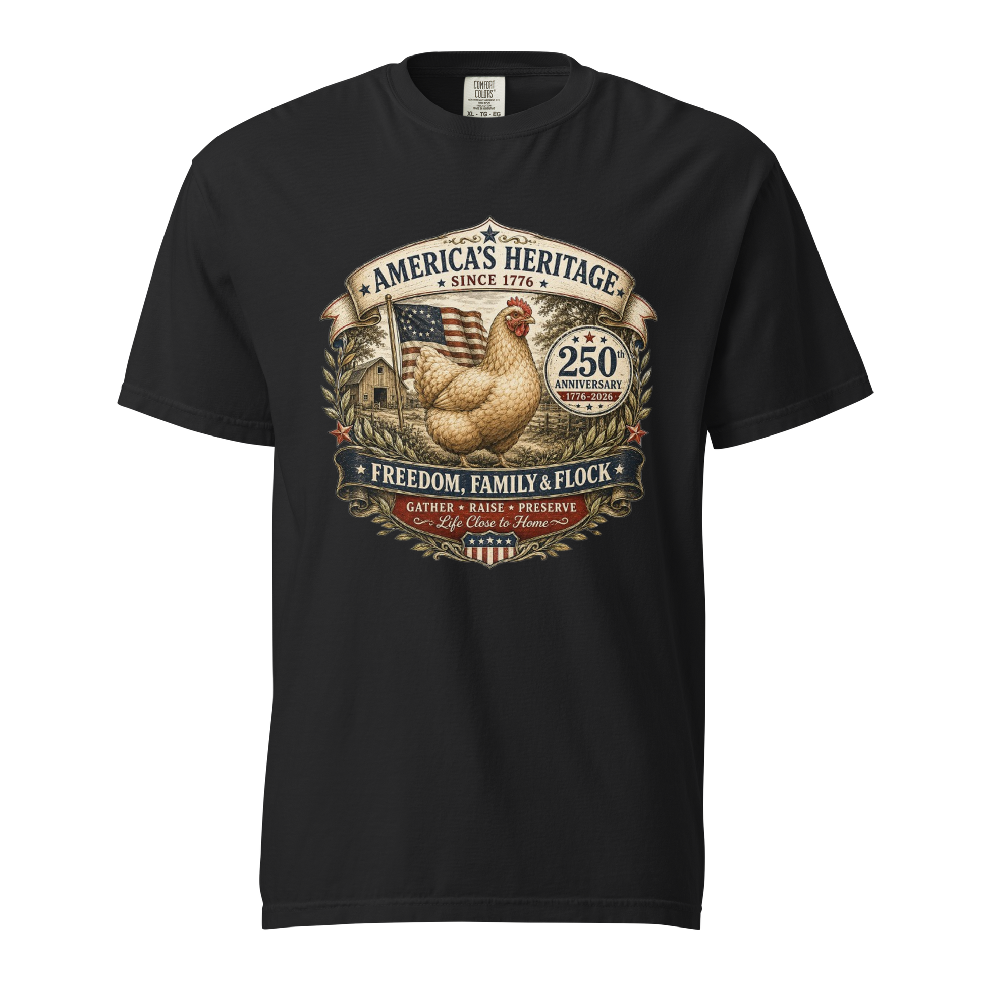 America’s 250th anniversary chicken keeper shirt featuring patriotic farmhouse artwork, heritage hen, American flag, and Freedom Family and Flock design