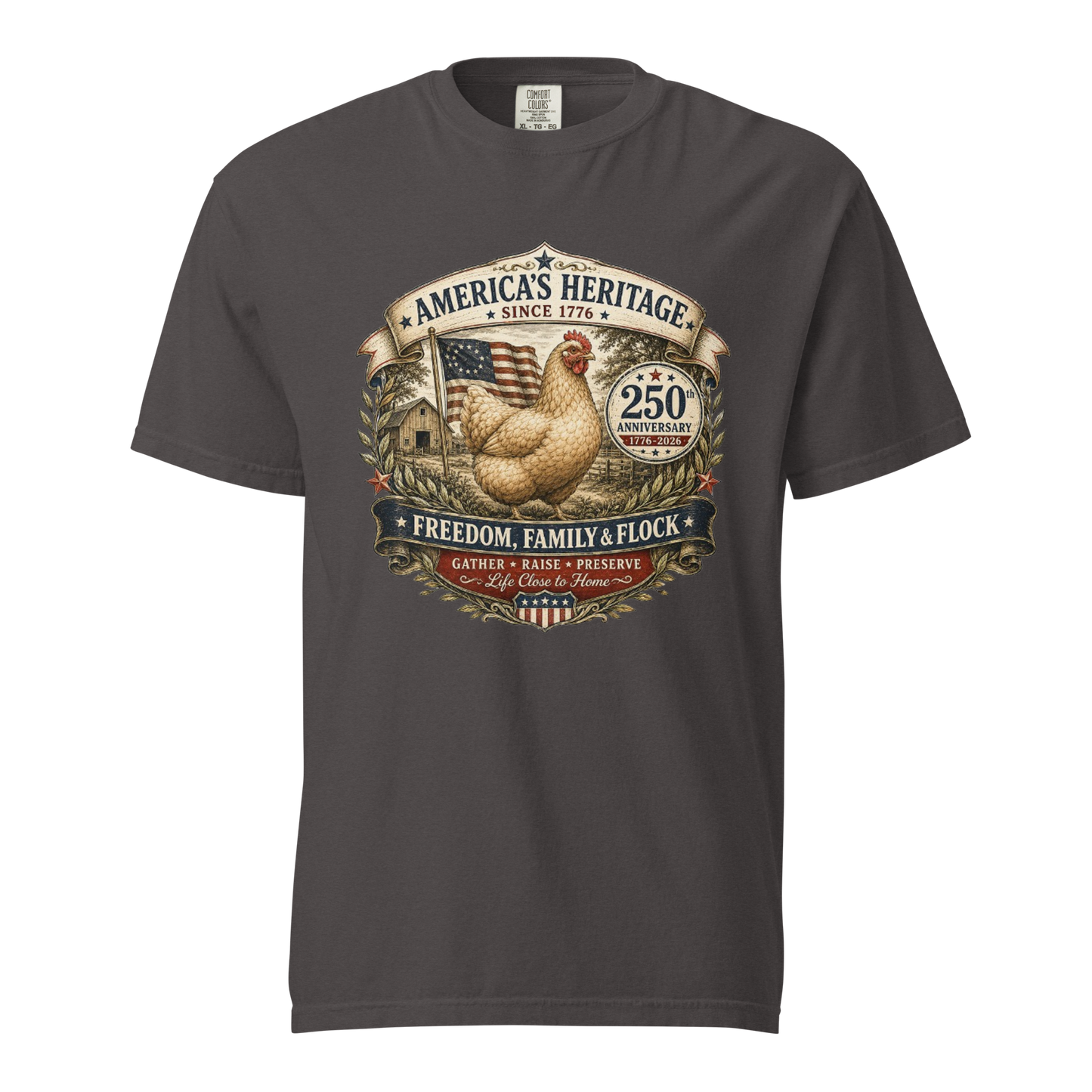 America’s 250th anniversary chicken keeper shirt featuring patriotic farmhouse artwork, heritage hen, American flag, and Freedom Family and Flock design