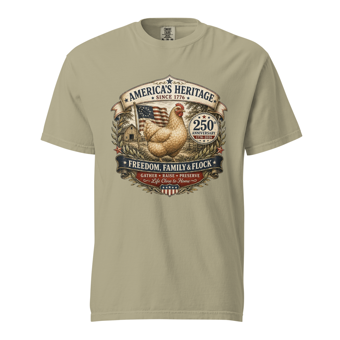 America’s 250th anniversary chicken keeper shirt featuring patriotic farmhouse artwork, heritage hen, American flag, and Freedom Family and Flock design