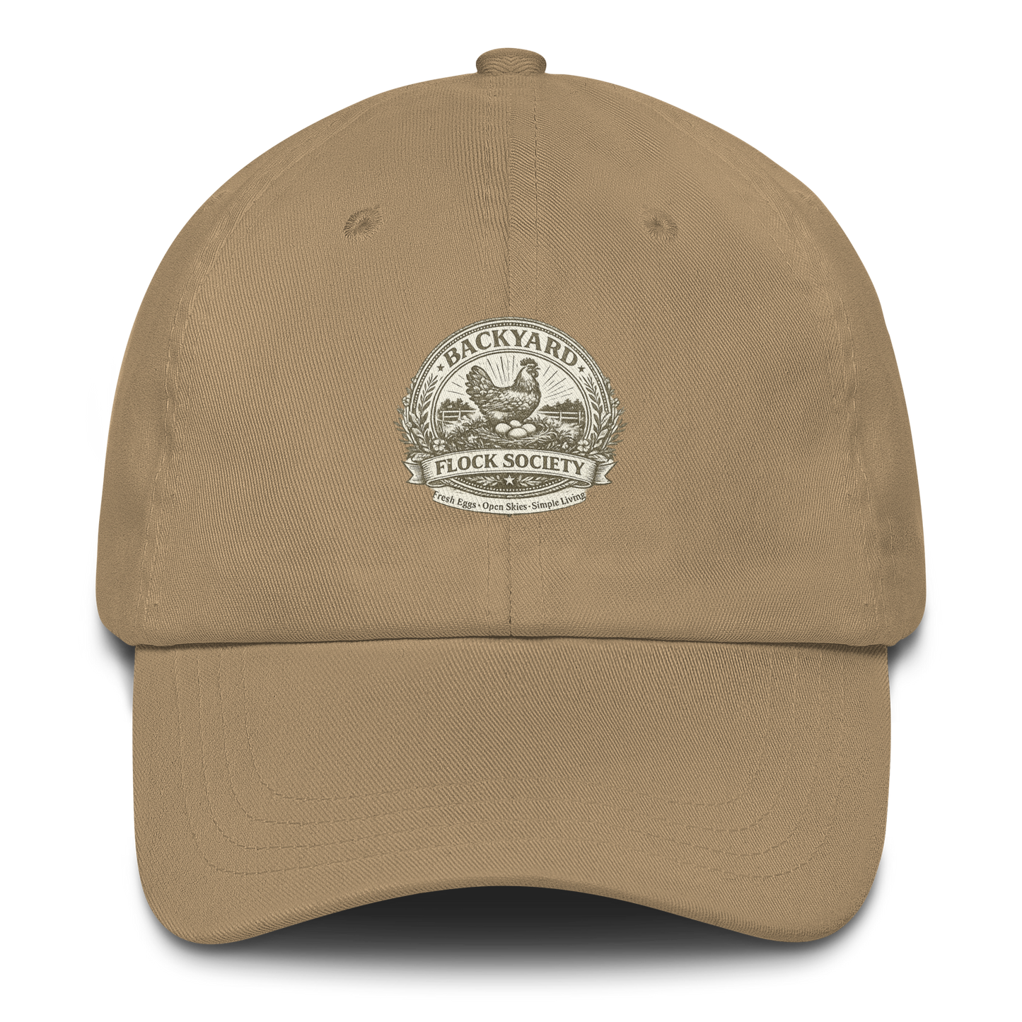 Premium Backyard Flock Society™ hat for chicken keepers, homesteaders, and fresh egg enthusiasts. Farmhouse-inspired style built for life close to home.