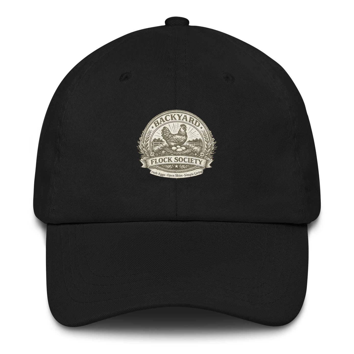Premium Backyard Flock Society™ hat for chicken keepers, homesteaders, and fresh egg enthusiasts. Farmhouse-inspired style built for life close to home.