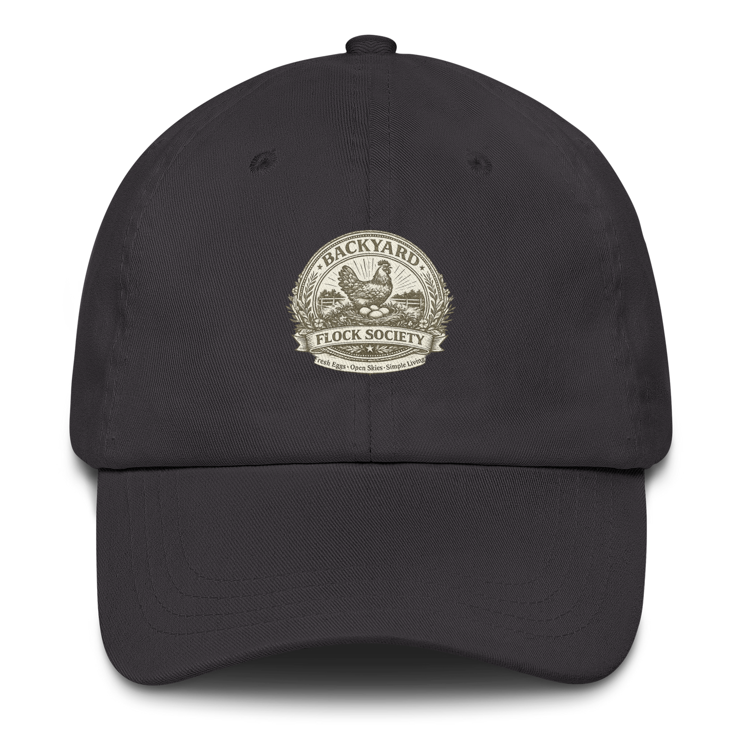 Premium Backyard Flock Society™ hat for chicken keepers, homesteaders, and fresh egg enthusiasts. Farmhouse-inspired style built for life close to home.