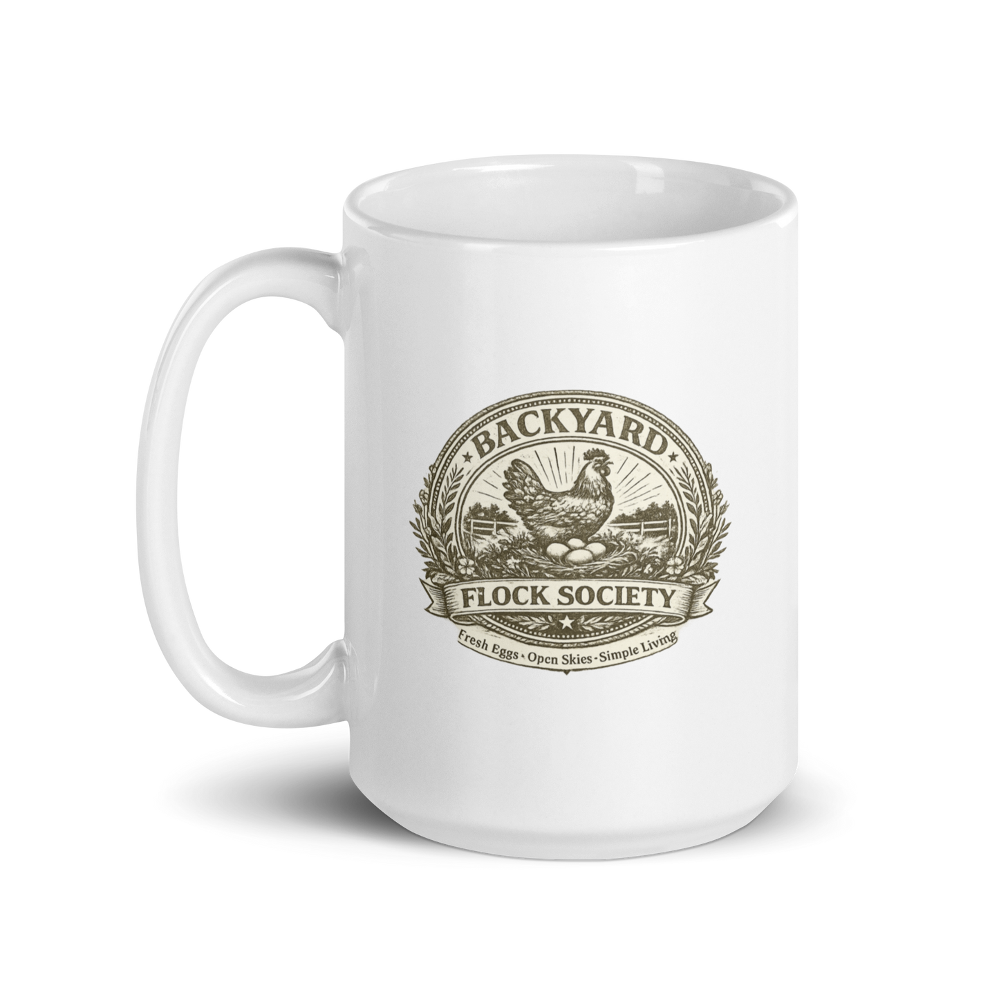 Backyard Flock Society farmhouse coffee mug for backyard chicken keepers and homesteaders