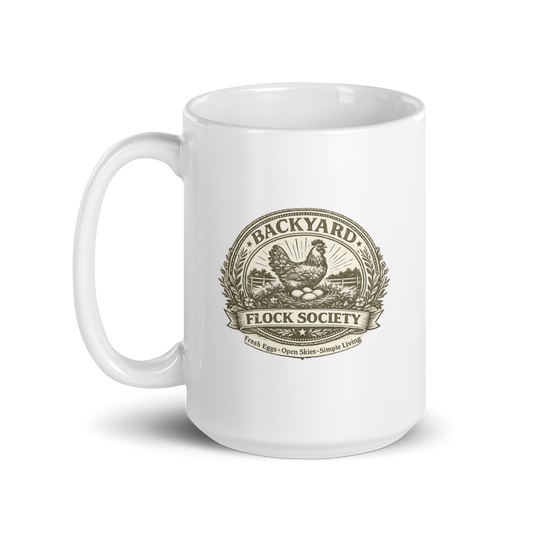Backyard Flock Society farmhouse coffee mug for backyard chicken keepers and homesteaders