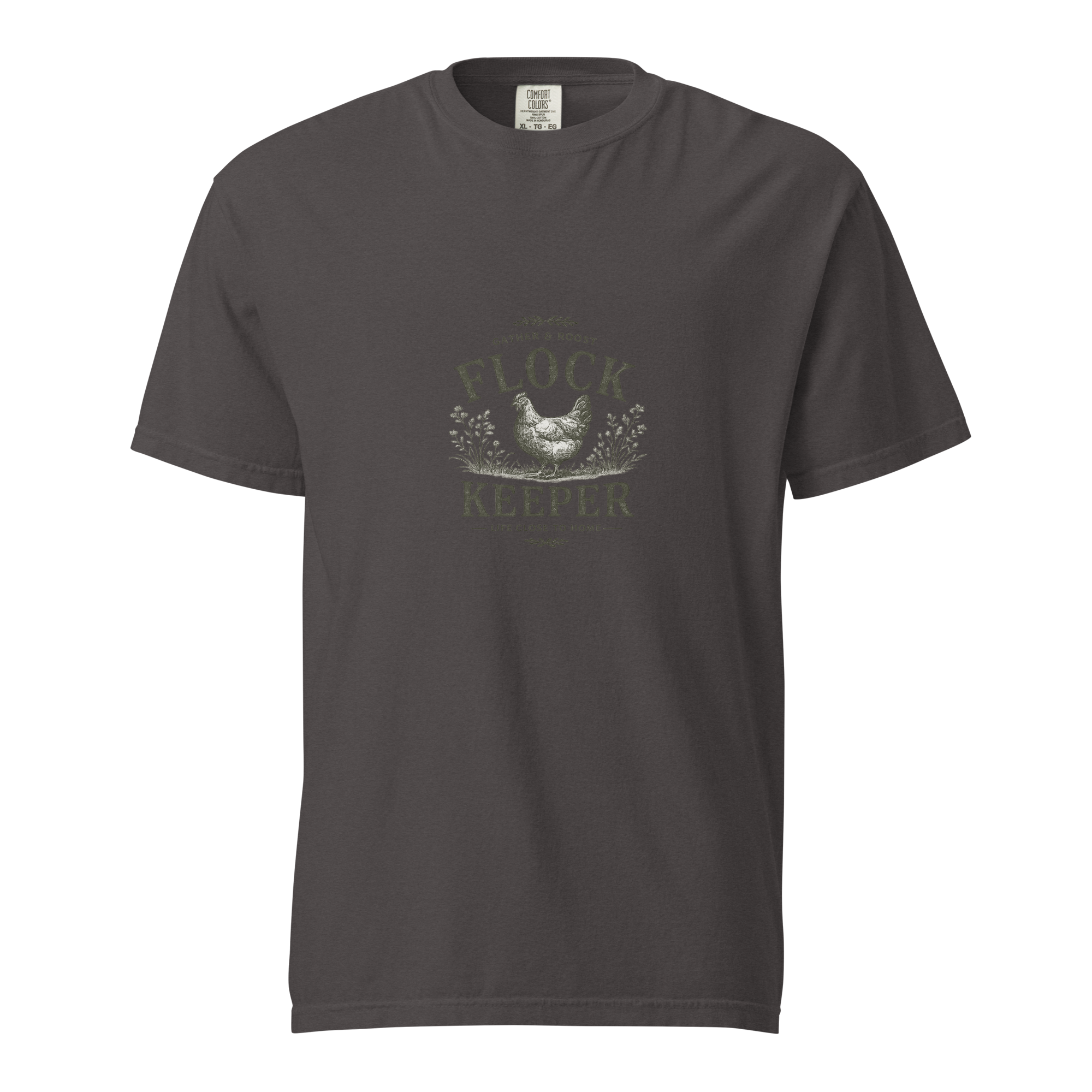 Vintage-inspired Flock Keeper shirt for backyard chicken keepers, homesteaders, and fresh egg lovers. A premium tee made for life close to home.