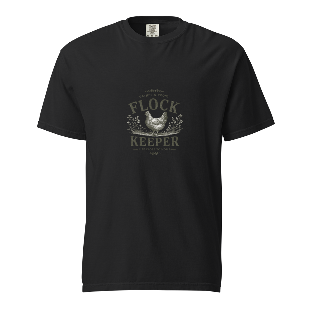 Vintage-inspired Flock Keeper shirt for backyard chicken keepers, homesteaders, and fresh egg lovers. A premium tee made for life close to home.