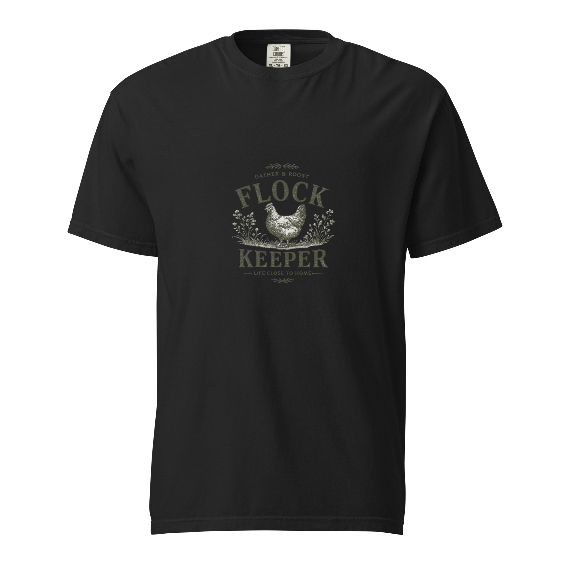 Vintage-inspired Flock Keeper shirt for backyard chicken keepers, homesteaders, and fresh egg lovers. A premium tee made for life close to home.