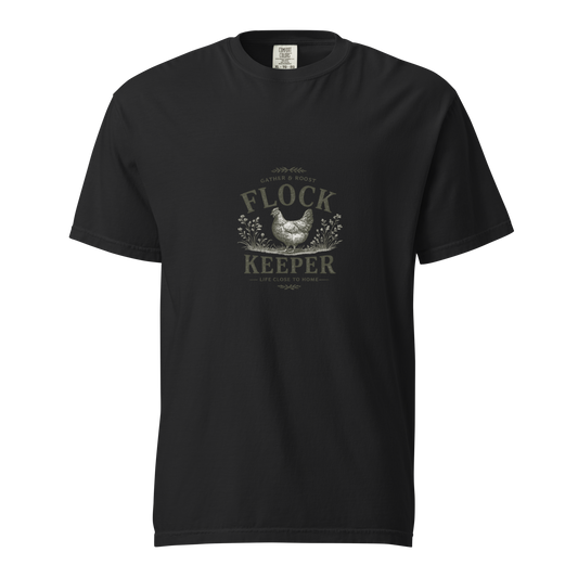 Vintage-inspired Flock Keeper shirt for backyard chicken keepers, homesteaders, and fresh egg lovers. A premium tee made for life close to home.