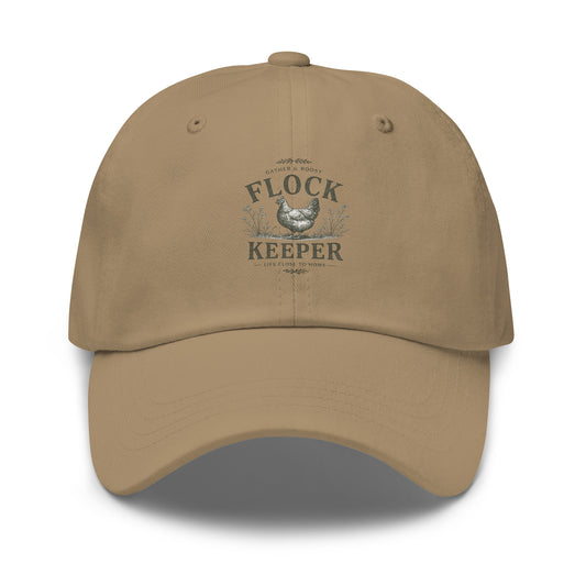 Premium Flock Keeper™ hat for backyard chicken keepers, homesteaders, and fresh egg enthusiasts. Farmhouse-inspired embroidered headwear designed for life close to home.