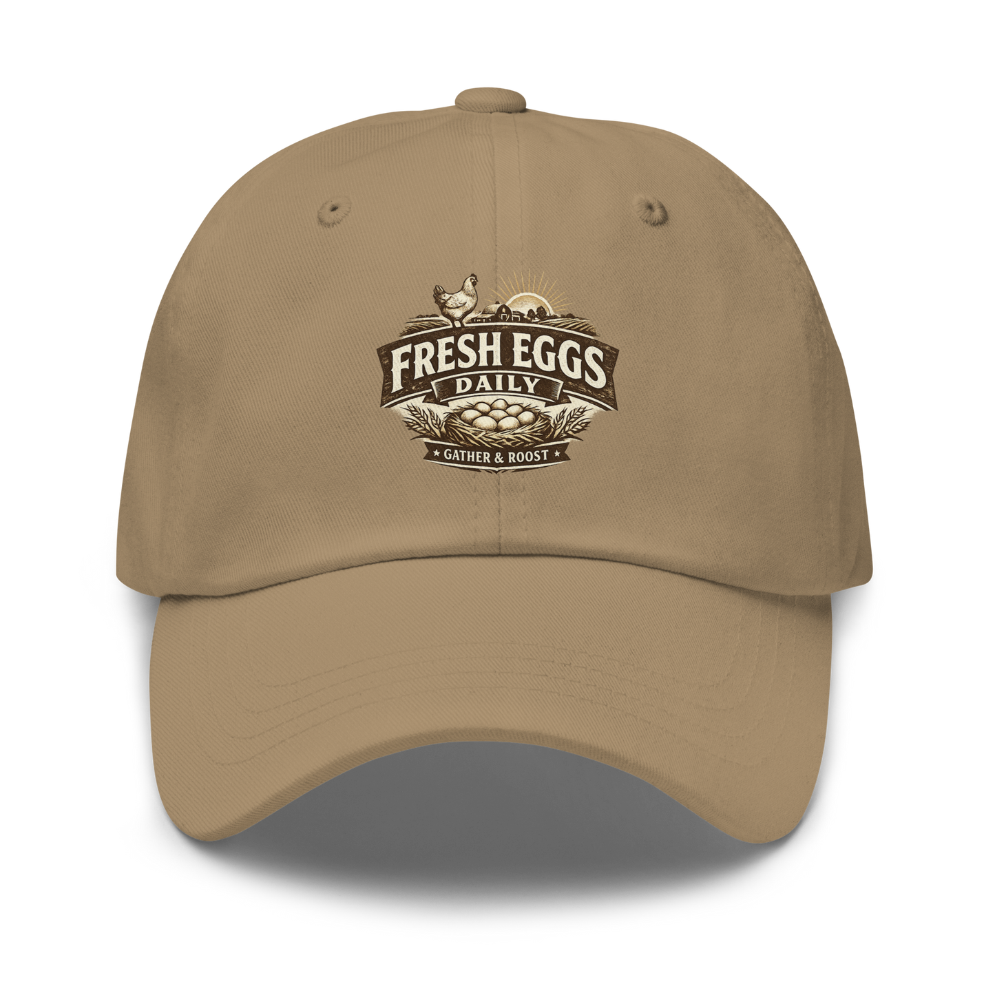 Fresh Eggs Daily embroidered hat featuring vintage farmhouse artwork for chicken keepers and homesteaders