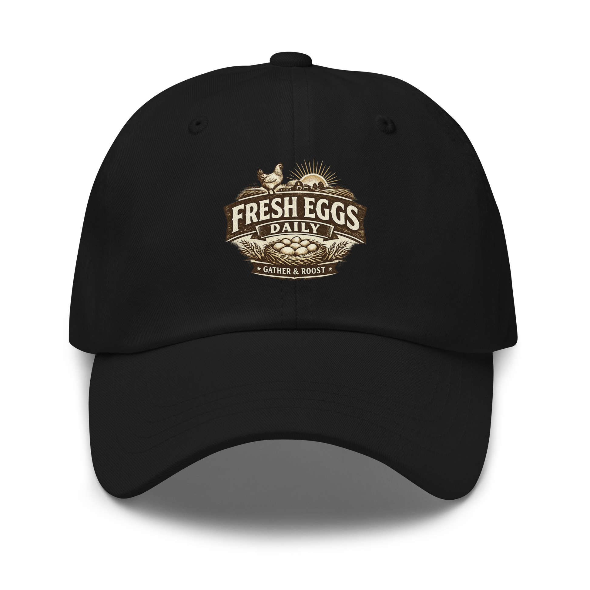 Fresh Eggs Daily embroidered hat featuring vintage farmhouse artwork for chicken keepers and homesteaders