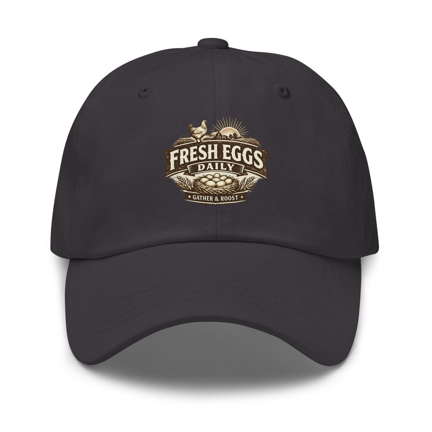 Fresh Eggs Daily embroidered hat featuring vintage farmhouse artwork for chicken keepers and homesteaders