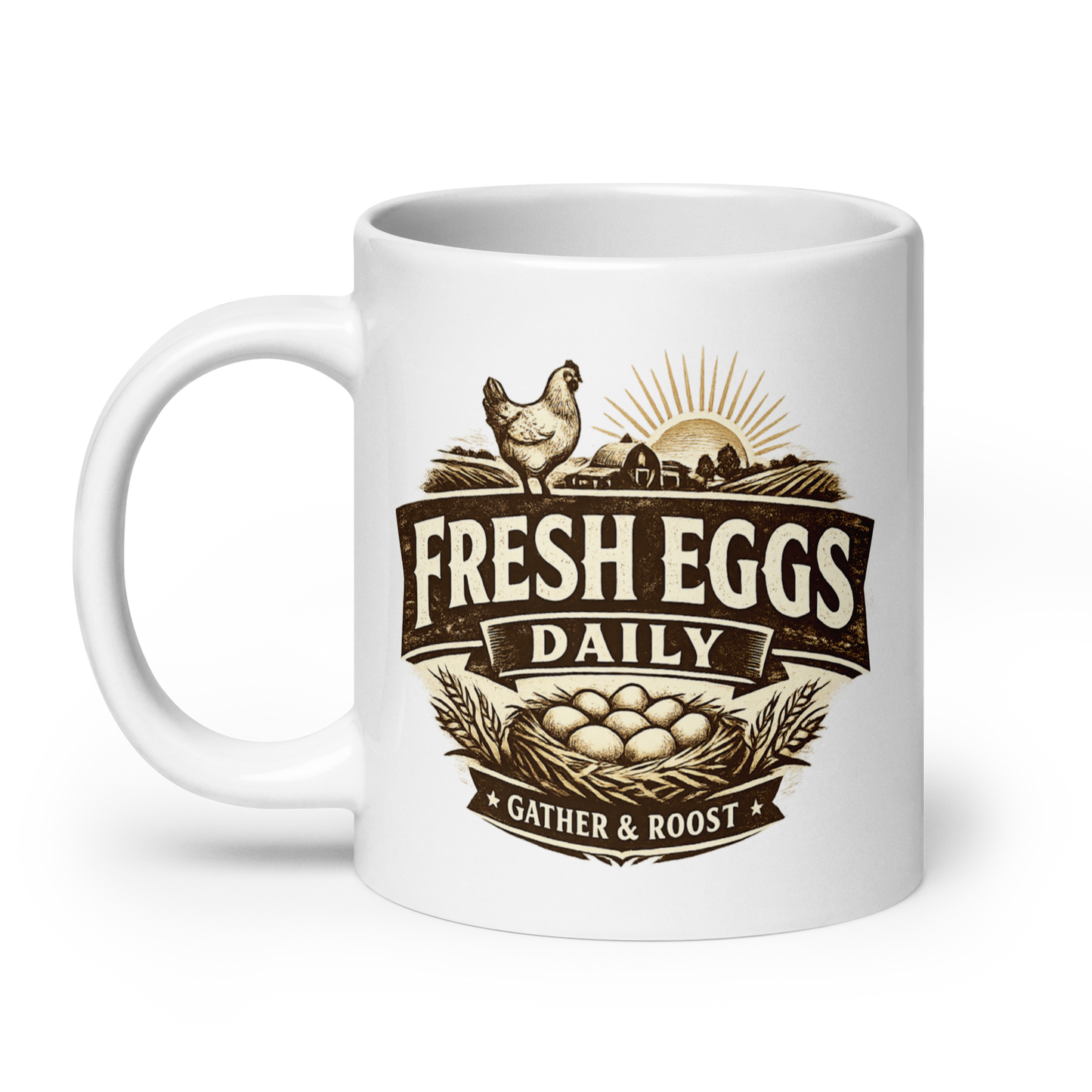 Fresh Eggs Daily farmhouse coffee mug featuring vintage farm artwork and Gather Grow Roost design