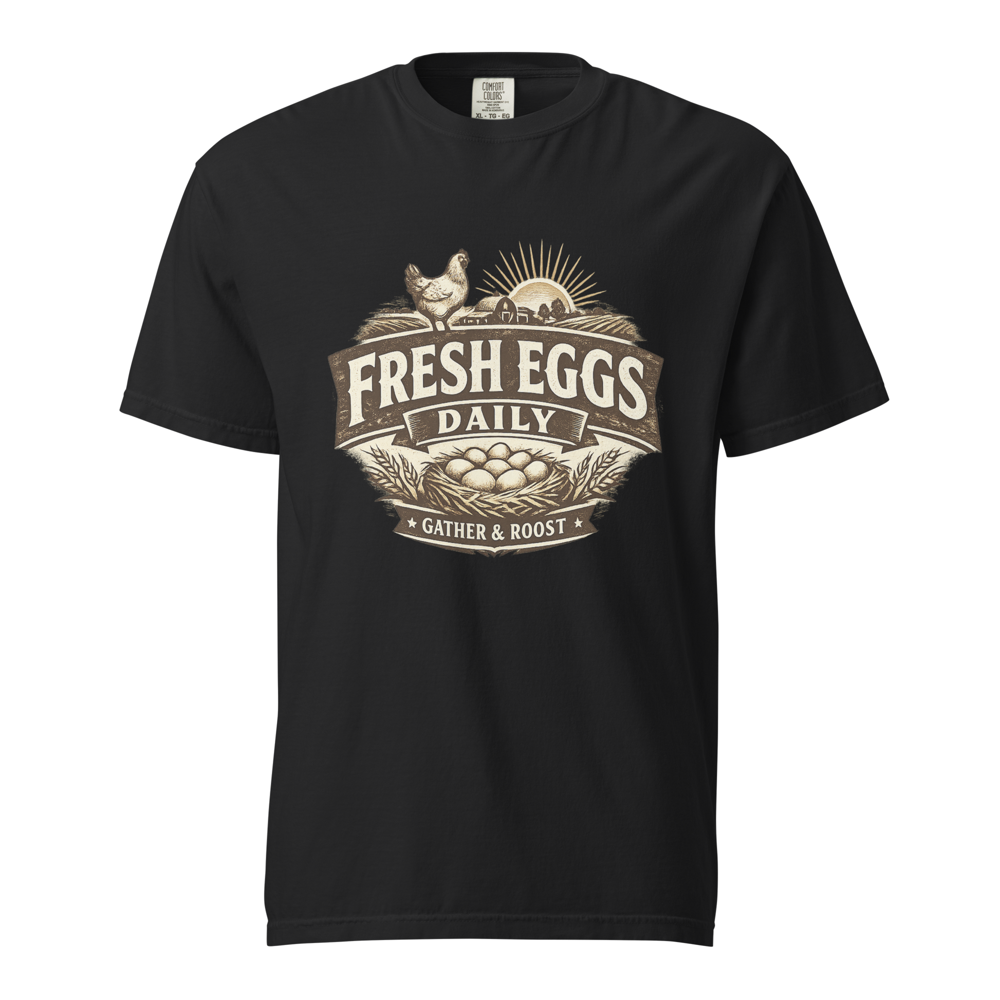 Fresh Eggs Daily heritage t-shirt featuring vintage farmhouse artwork inspired by backyard chickens and homestead living