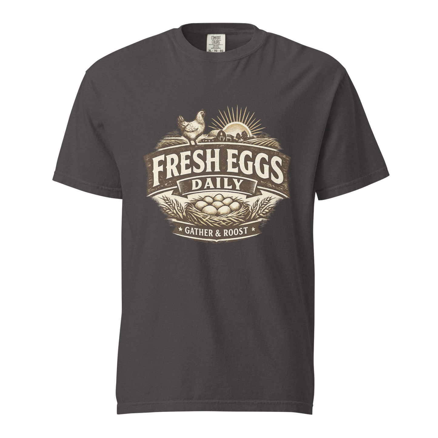 Fresh Eggs Daily heritage t-shirt featuring vintage farmhouse artwork inspired by backyard chickens and homestead living