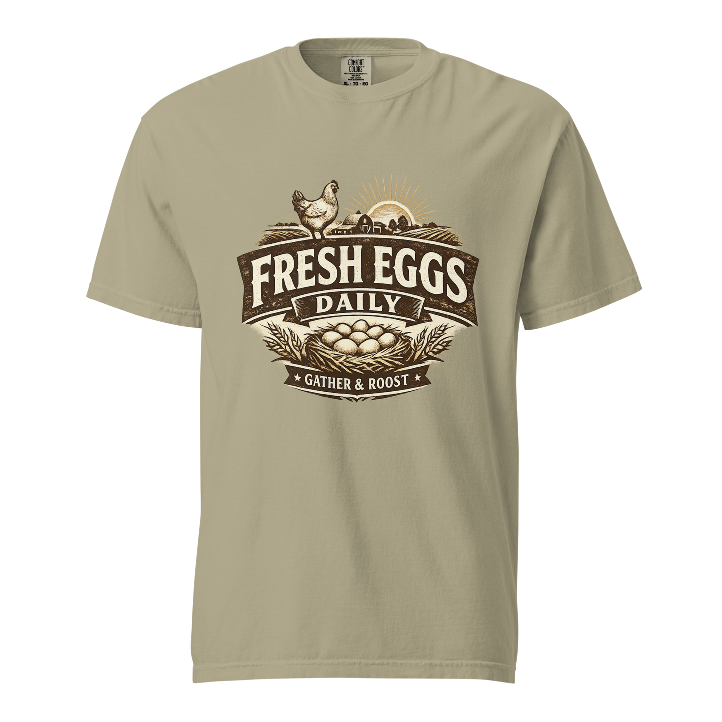 Fresh Eggs Daily heritage t-shirt featuring vintage farmhouse artwork inspired by backyard chickens and homestead living