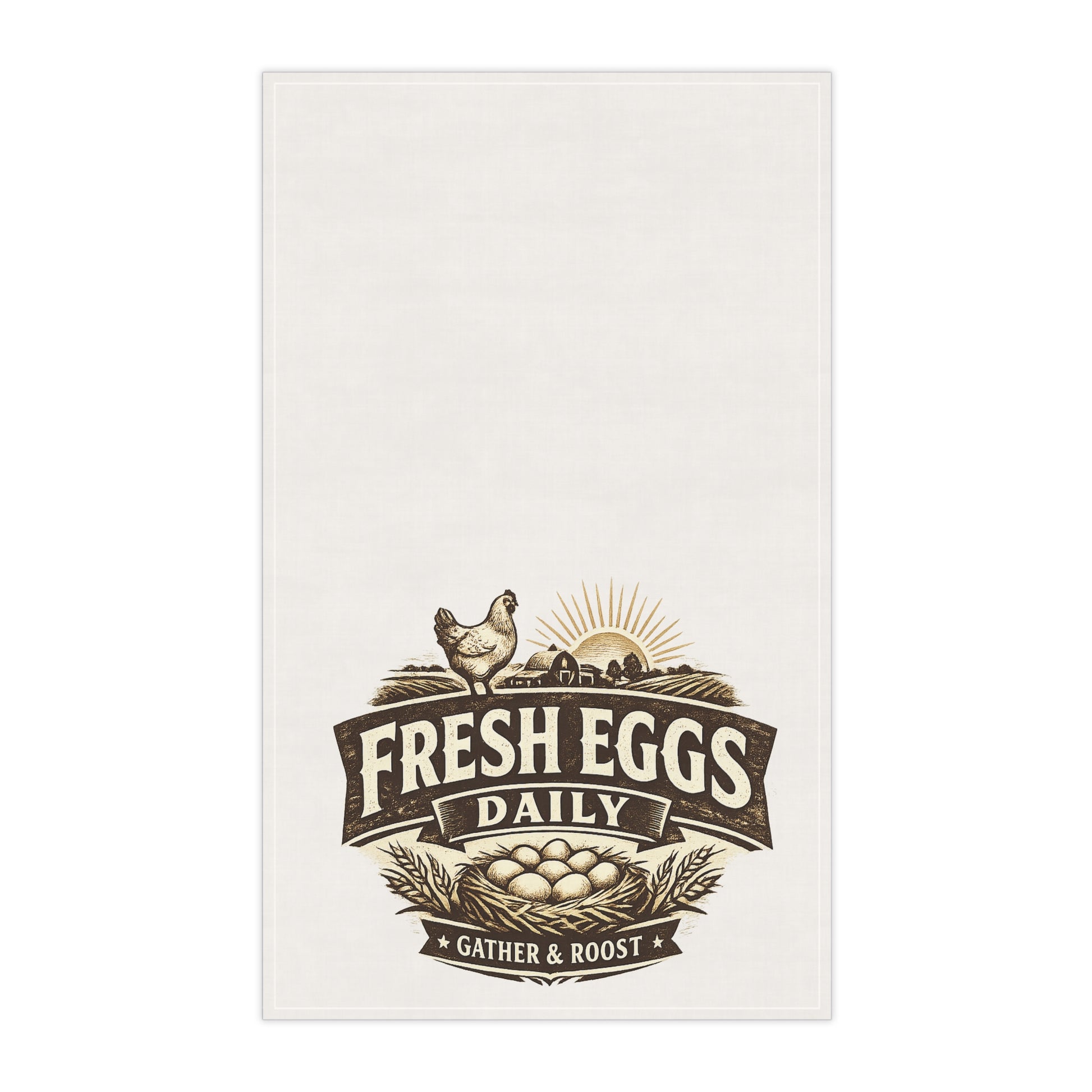Tea towel with 'Fresh Eggs Daily' graphic on a white background