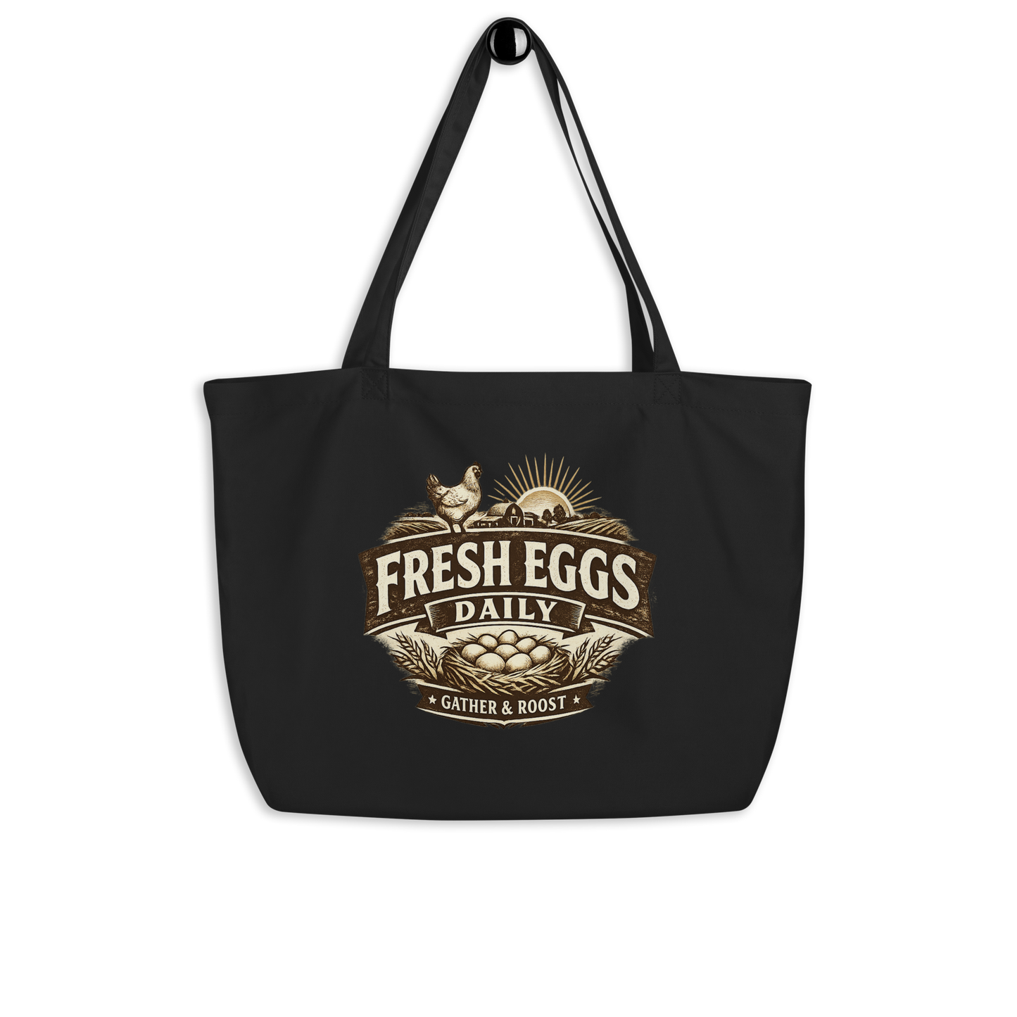 Fresh Eggs Daily farmhouse market tote featuring vintage farm artwork for homesteaders and chicken keepers