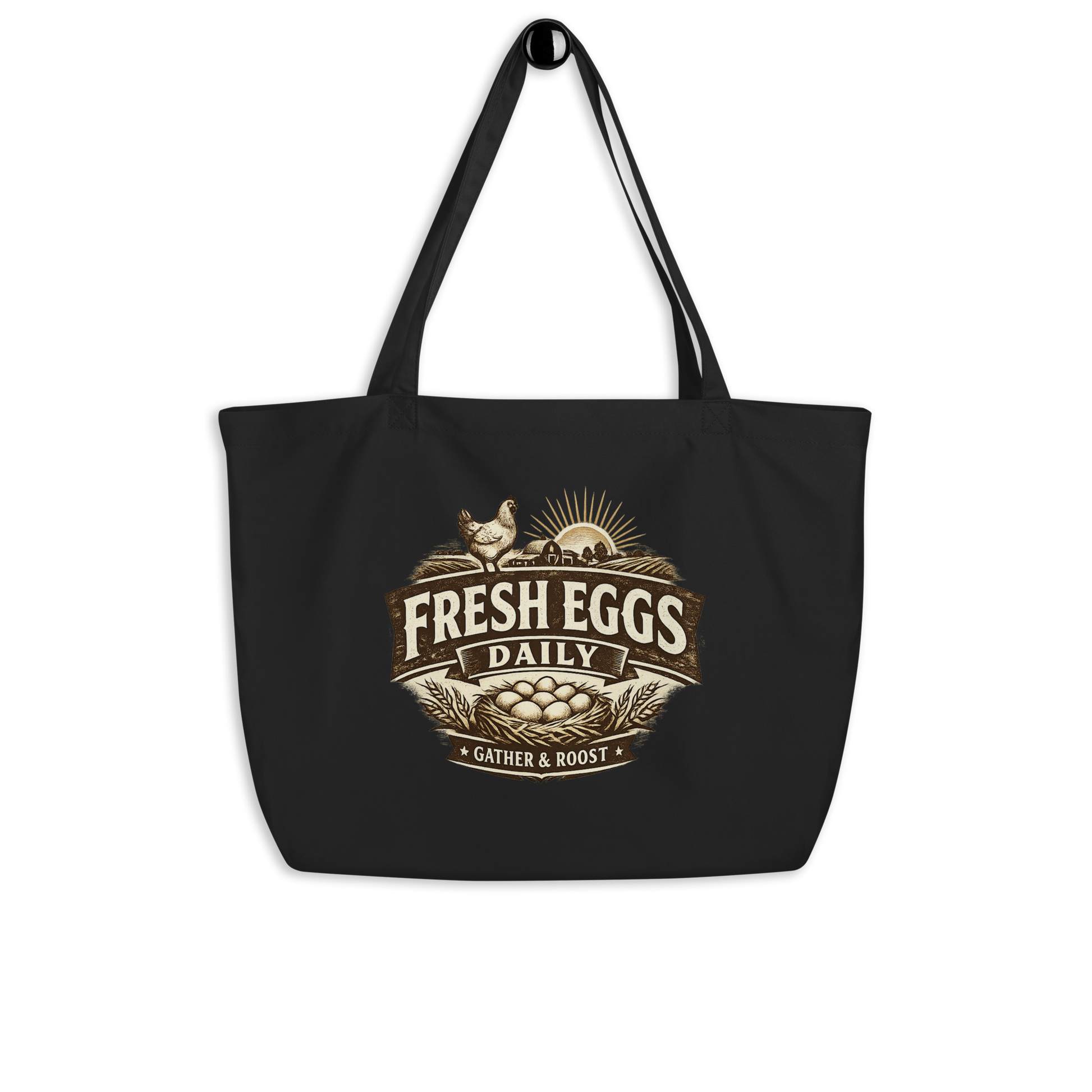Fresh Eggs Daily farmhouse market tote featuring vintage farm artwork for homesteaders and chicken keepers