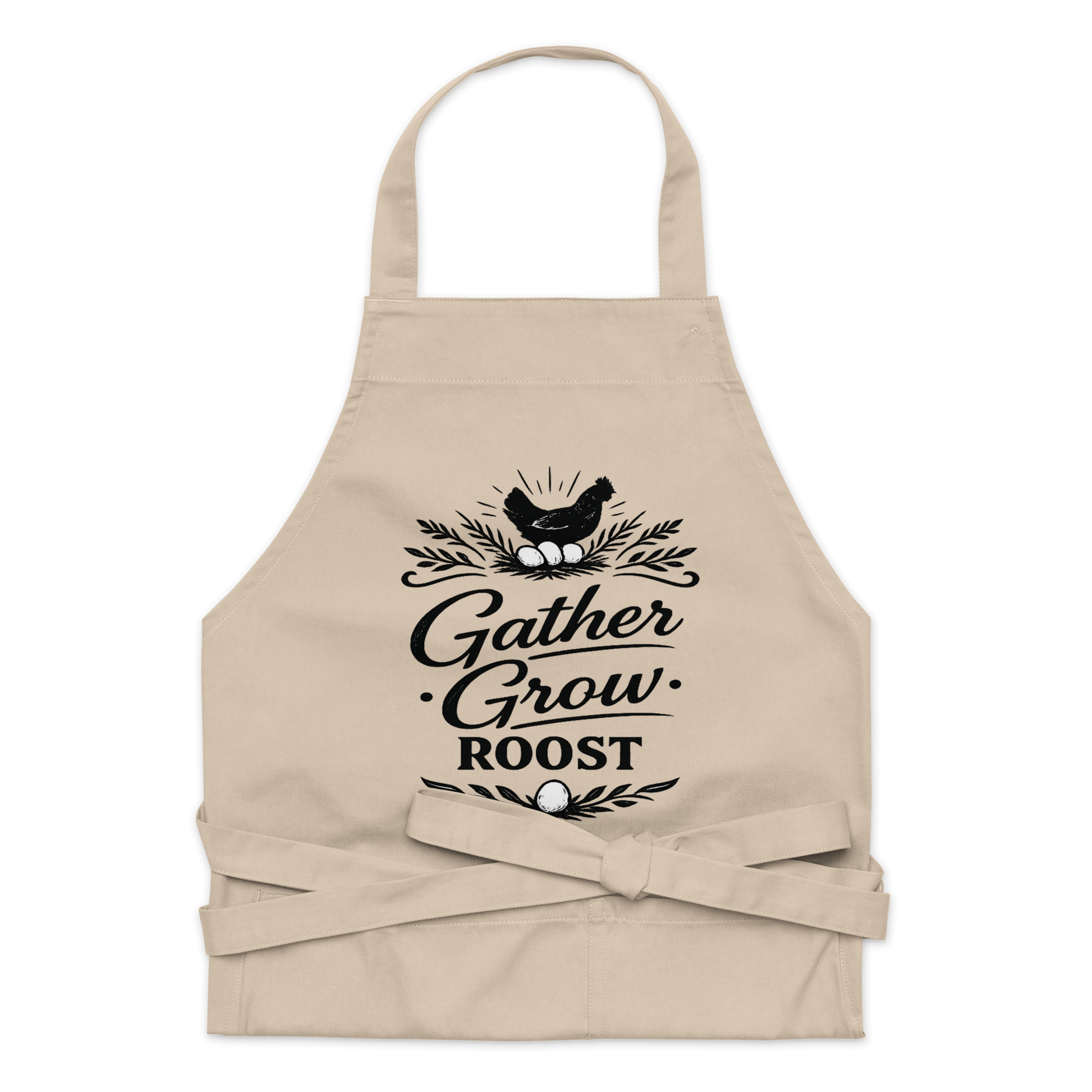 Gather Grow Roost farmhouse apron featuring vintage typography for homesteaders, gardeners, and farmhouse kitchens