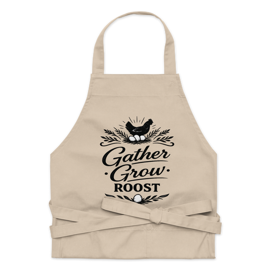Gather Grow Roost farmhouse apron featuring vintage typography for homesteaders, gardeners, and farmhouse kitchens