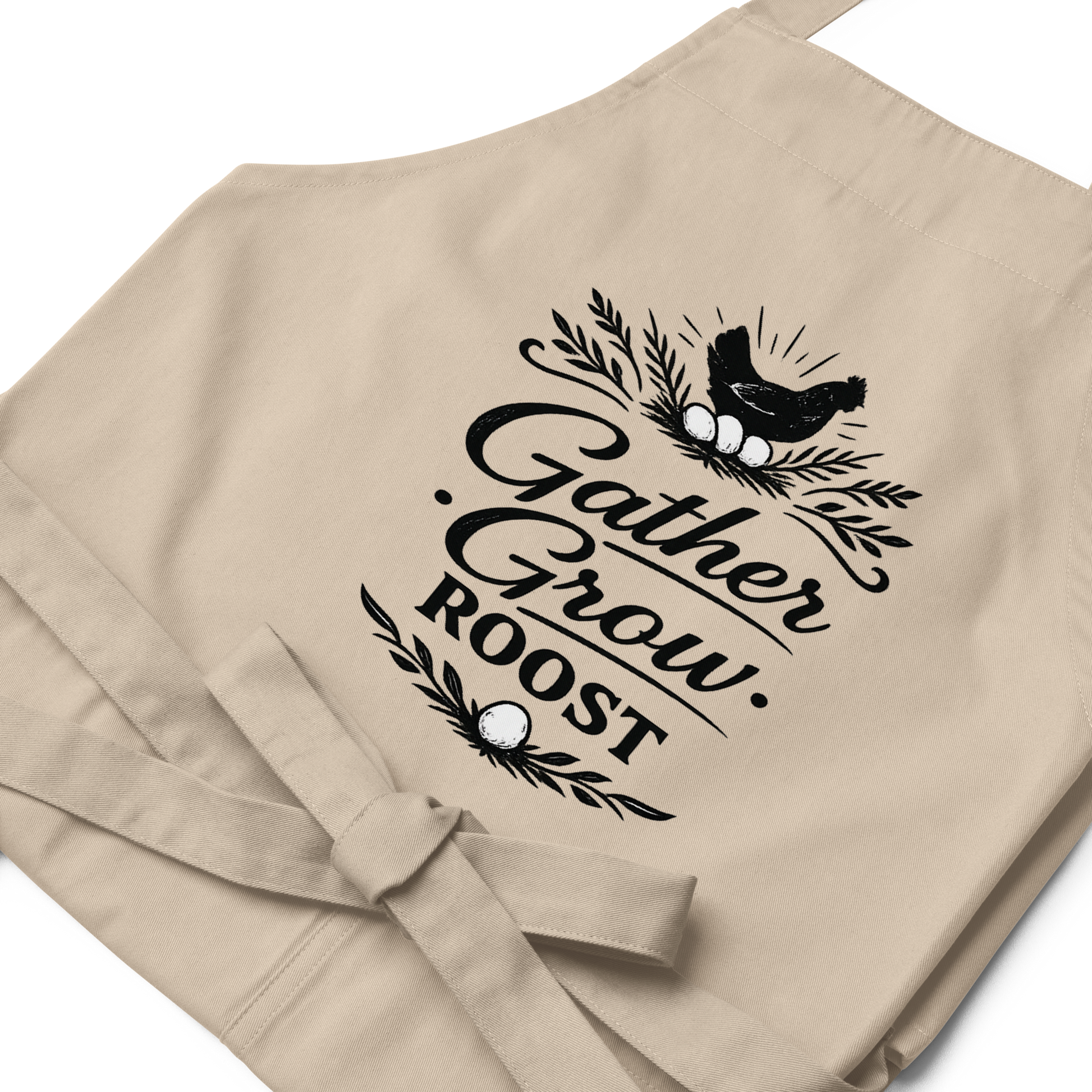 Gather Grow Roost farmhouse apron featuring vintage typography for homesteaders, gardeners, and farmhouse kitchens