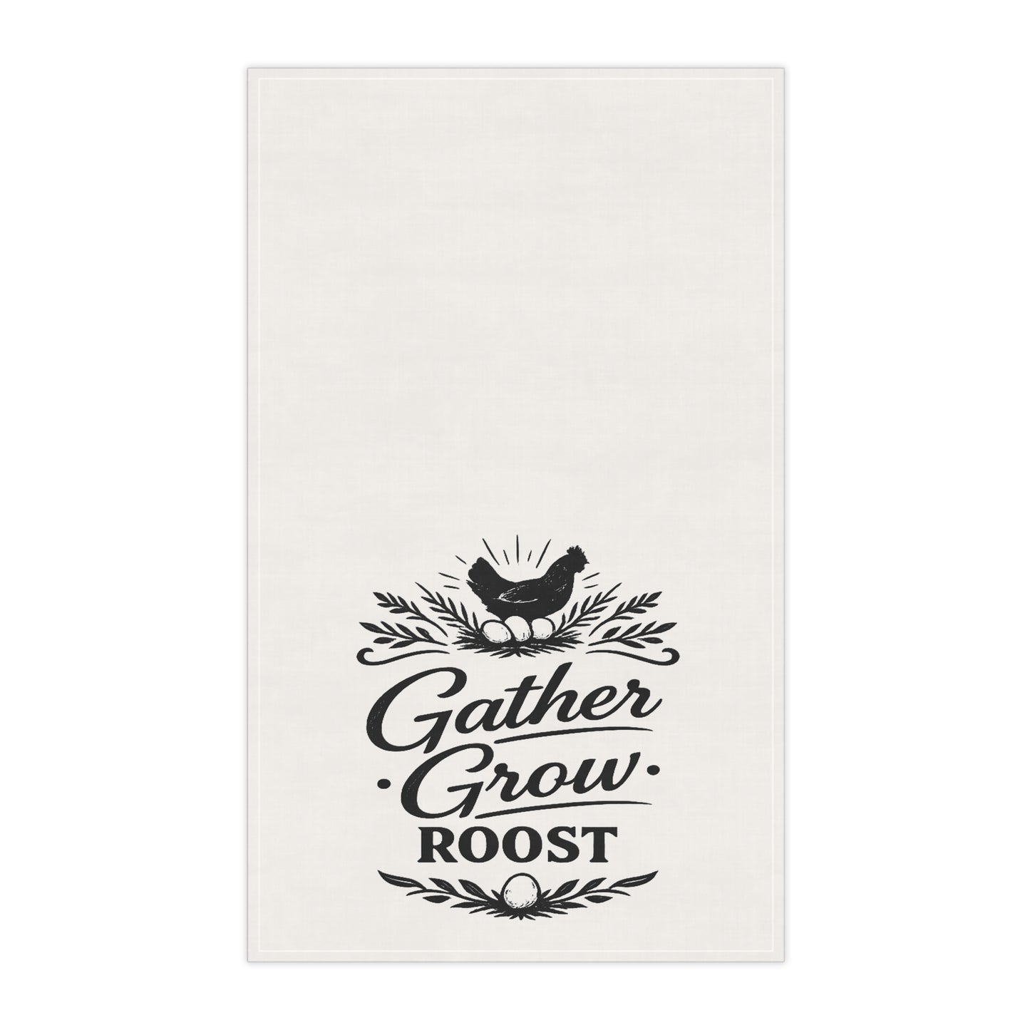 White towel with black text and graphics on a white background