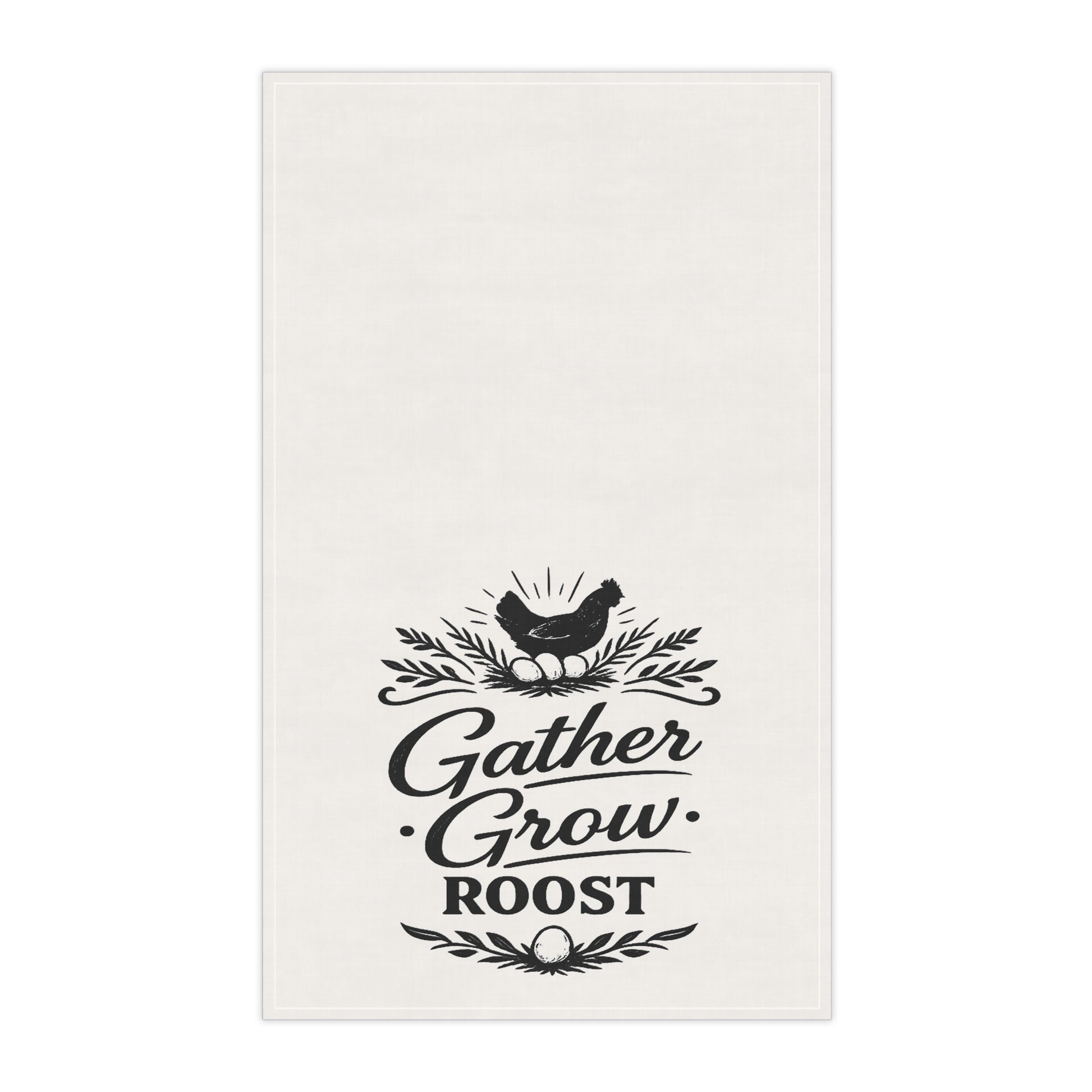 White towel with black text and graphics on a white background
