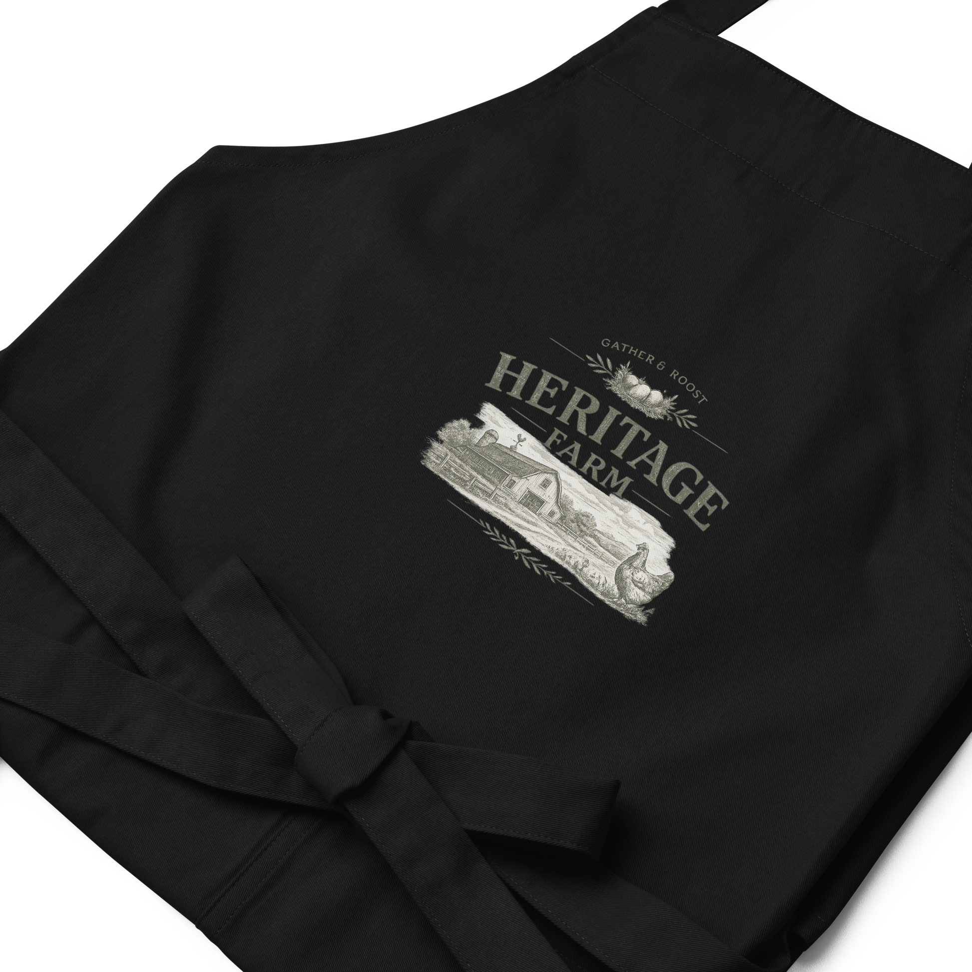 Heritage Farm farmhouse apron featuring vintage farm-inspired artwork for homesteaders, bakers, and farmhouse kitchens