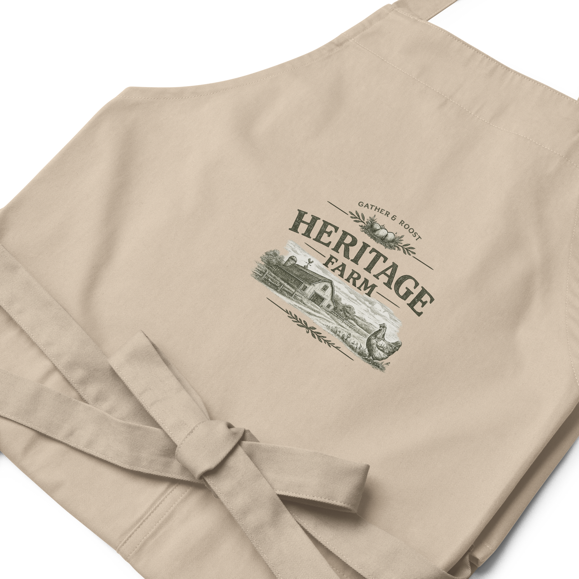 Heritage Farm farmhouse apron featuring vintage farm-inspired artwork for homesteaders, bakers, and farmhouse kitchens