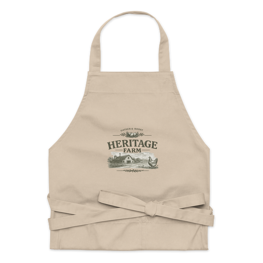Heritage Farm farmhouse apron featuring vintage farm-inspired artwork for homesteaders, bakers, and farmhouse kitchens