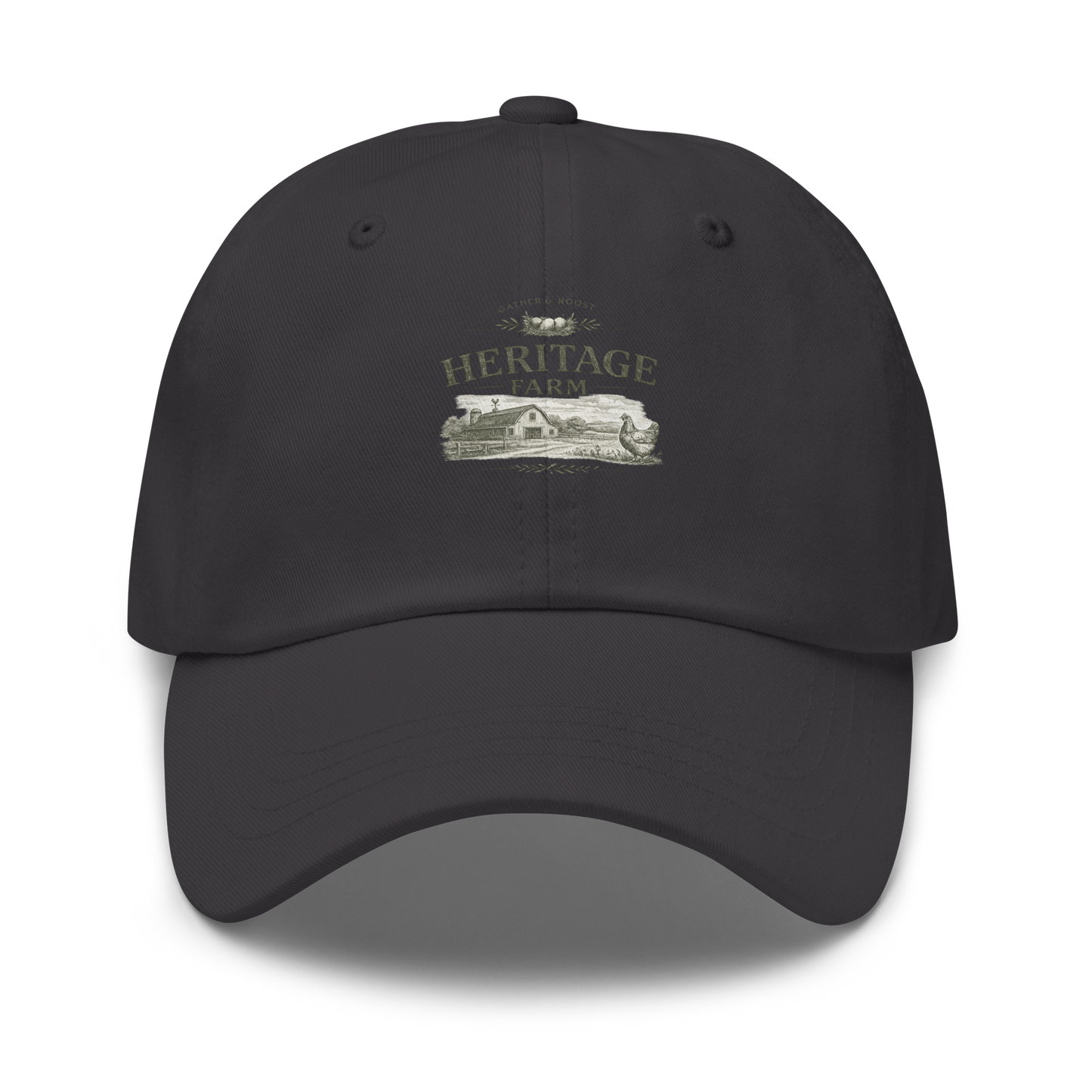 Premium Heritage Farm™ hat inspired by homestead living, backyard flocks, and timeless farm traditions. Vintage embroidered headwear designed for life close to home.
