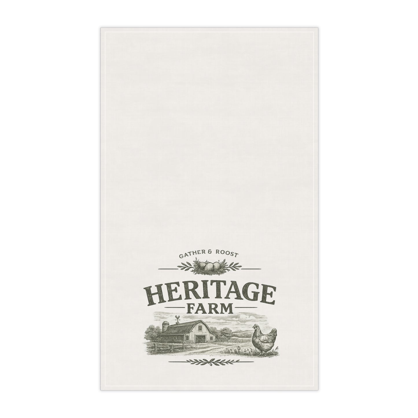 White towel with 'Heritage Farm' design featuring a barn and chicken on a white background