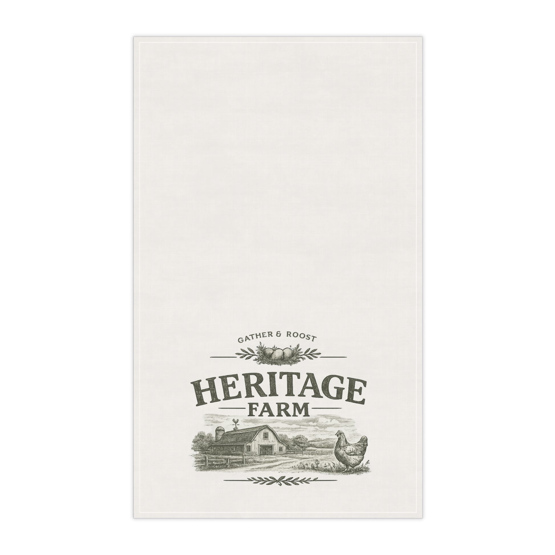 White towel with 'Heritage Farm' design featuring a barn and chicken on a white background