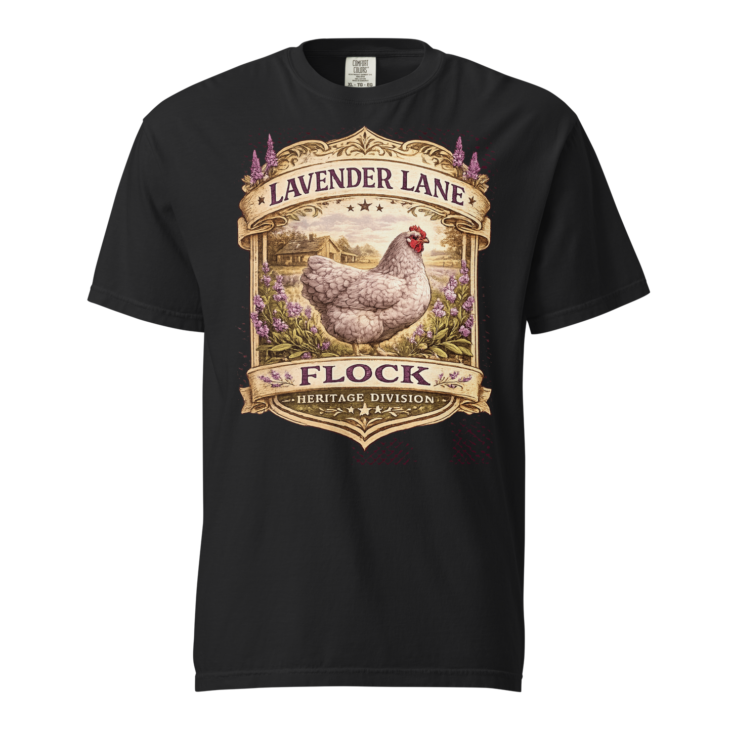 Lavender Orpington shirt featuring Lavender Lane Flock vintage botanical artwork and heritage farmhouse design
