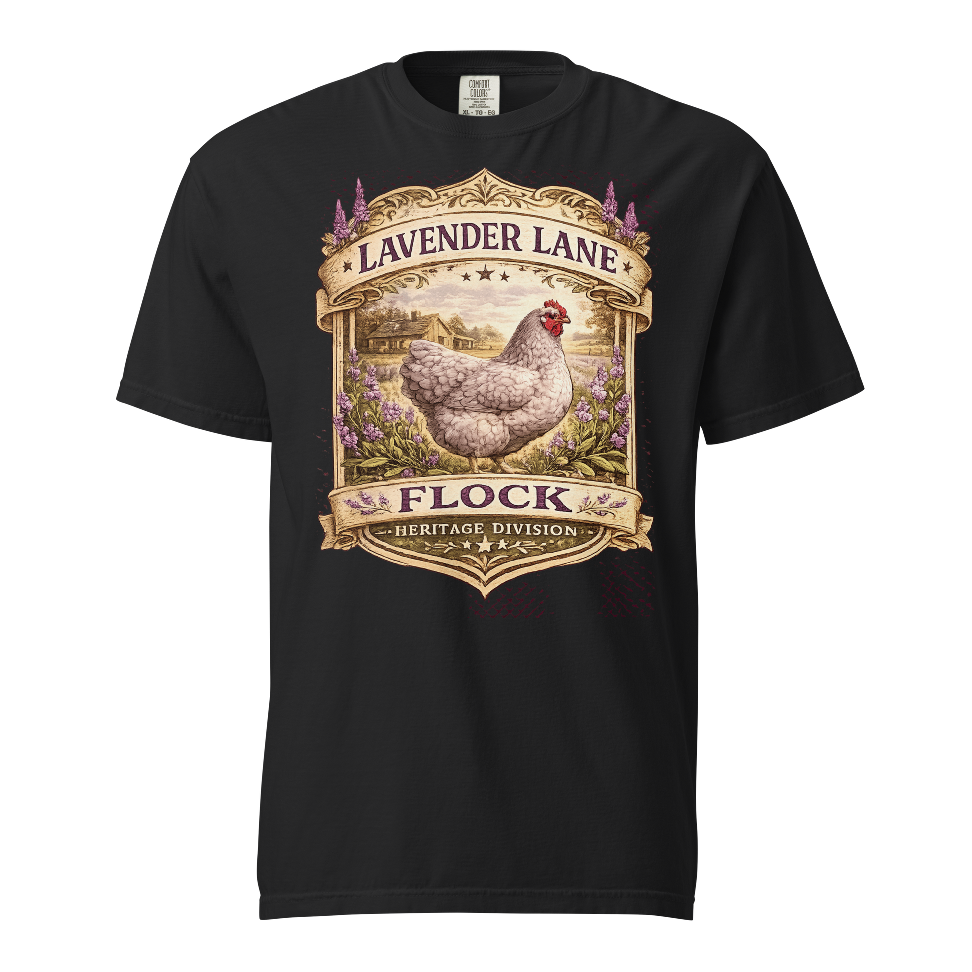 Lavender Orpington shirt featuring Lavender Lane Flock vintage botanical artwork and heritage farmhouse design