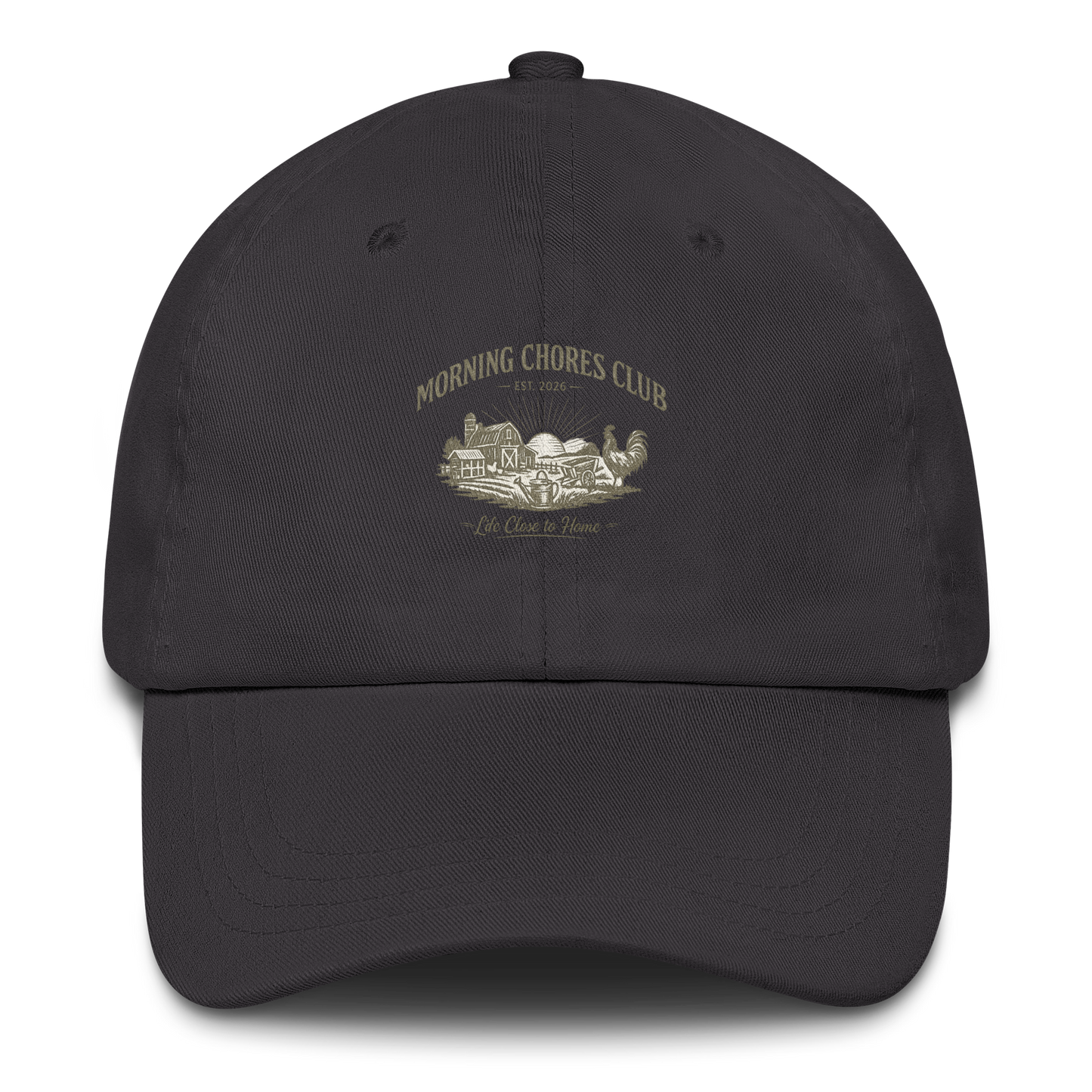 Premium Morning Chores Club™ hat for homesteaders, chicken keepers, and gardeners. Embroidered farmhouse-inspired headwear built for life close to home.