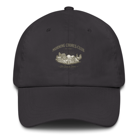 Premium Morning Chores Club™ hat for homesteaders, chicken keepers, and gardeners. Embroidered farmhouse-inspired headwear built for life close to home.