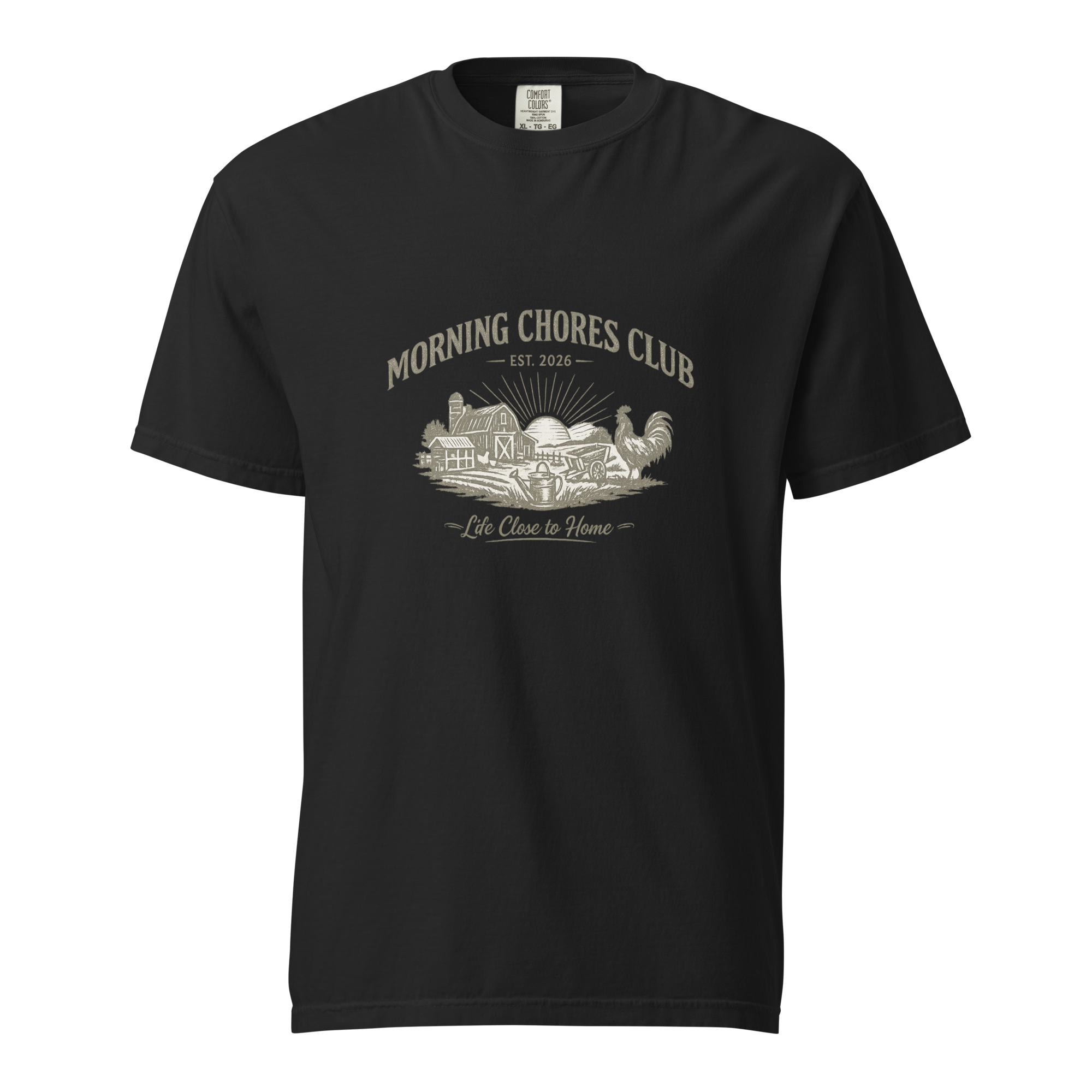 Celebrate the rhythm of homestead living with the Morning Chores Club™ Heritage Tee. A premium vintage-inspired shirt for gardeners, chicken keepers, and those who love life close to home.