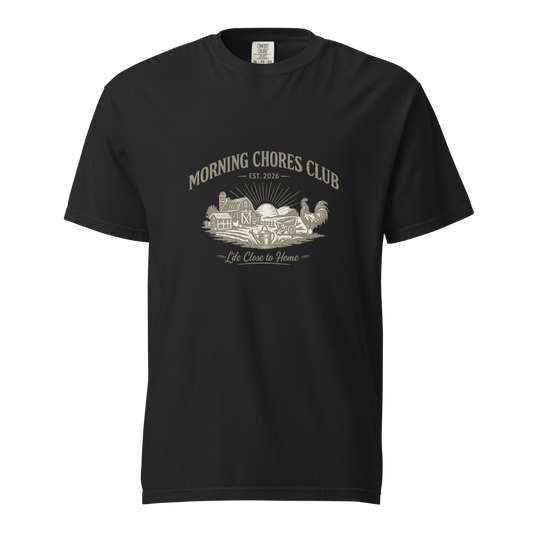 Celebrate the rhythm of homestead living with the Morning Chores Club™ Heritage Tee. A premium vintage-inspired shirt for gardeners, chicken keepers, and those who love life close to home.