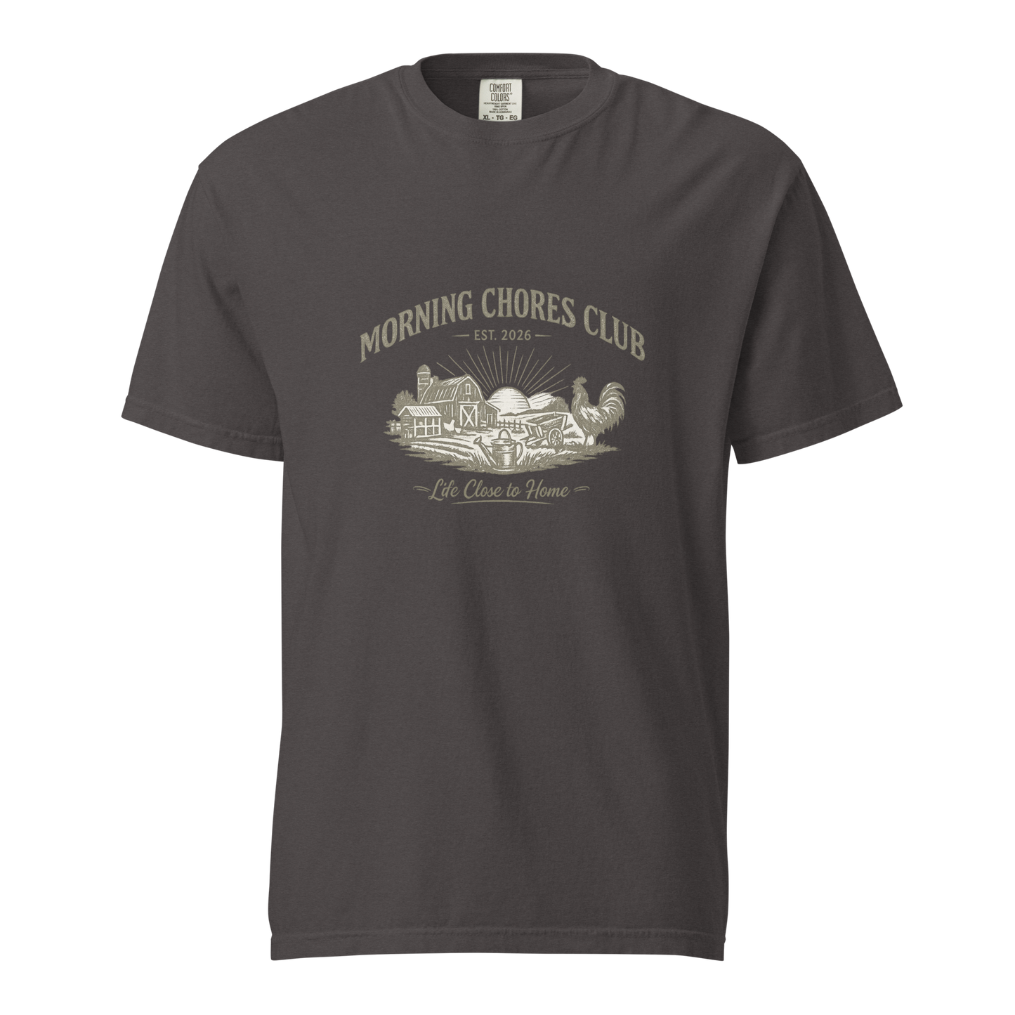 Celebrate the rhythm of homestead living with the Morning Chores Club™ Heritage Tee. A premium vintage-inspired shirt for gardeners, chicken keepers, and those who love life close to home.