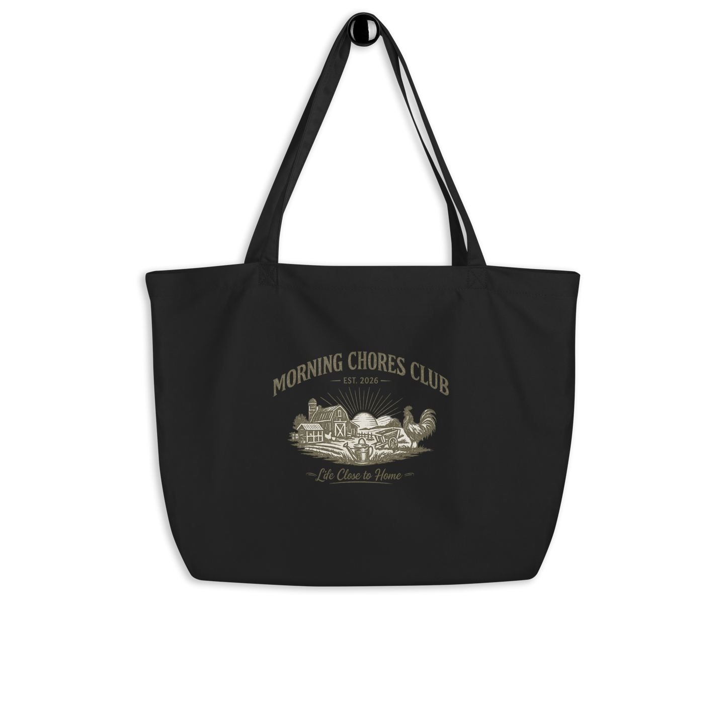 Shop the Morning Chores Club™ Large Market Tote, a farmhouse-inspired tote bag for farmers markets, garden days, egg gathering, homesteaders, and chicken keepers.