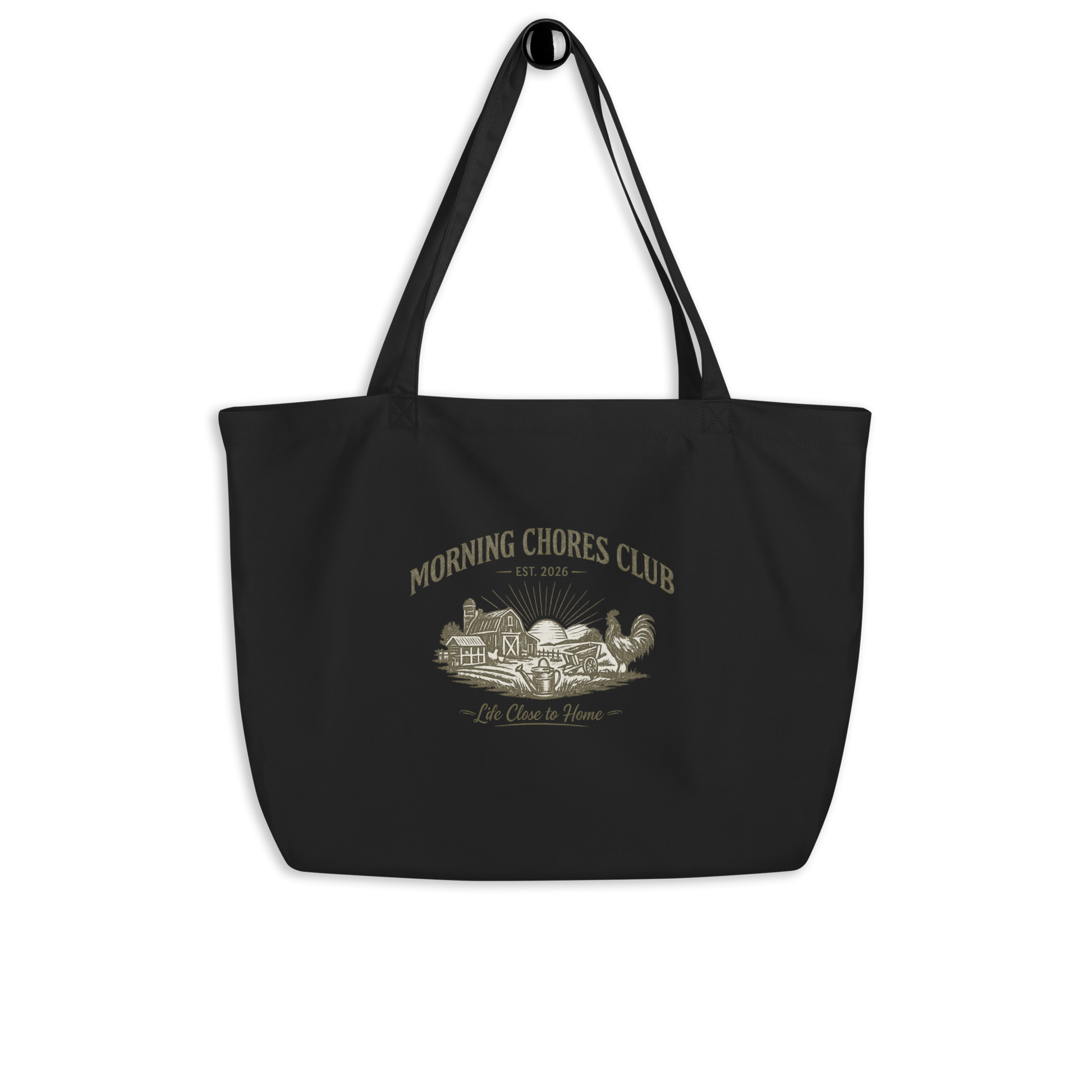 Shop the Morning Chores Club™ Large Market Tote, a farmhouse-inspired tote bag for farmers markets, garden days, egg gathering, homesteaders, and chicken keepers.